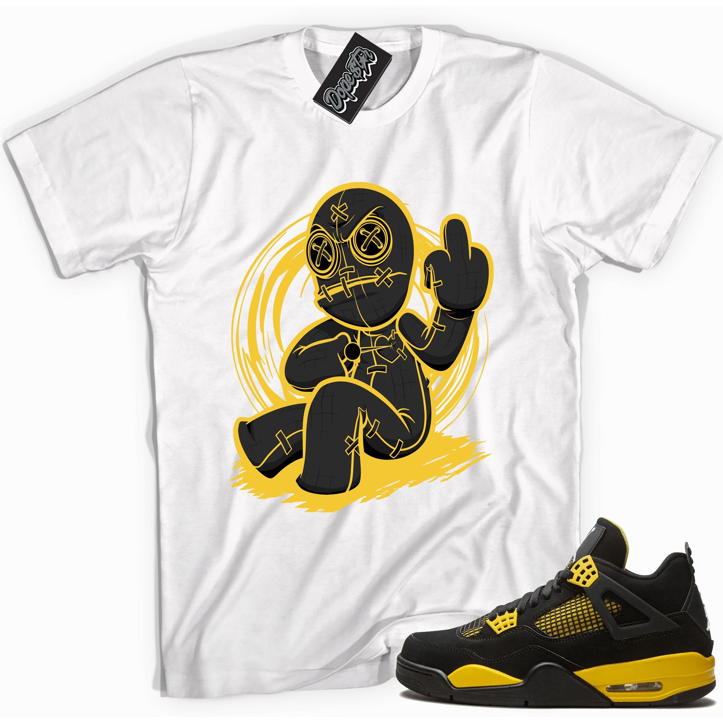 Cool white graphic tee with 'voodoo doll' print, that perfectly matches Air Jordan 4 Thunder sneakers