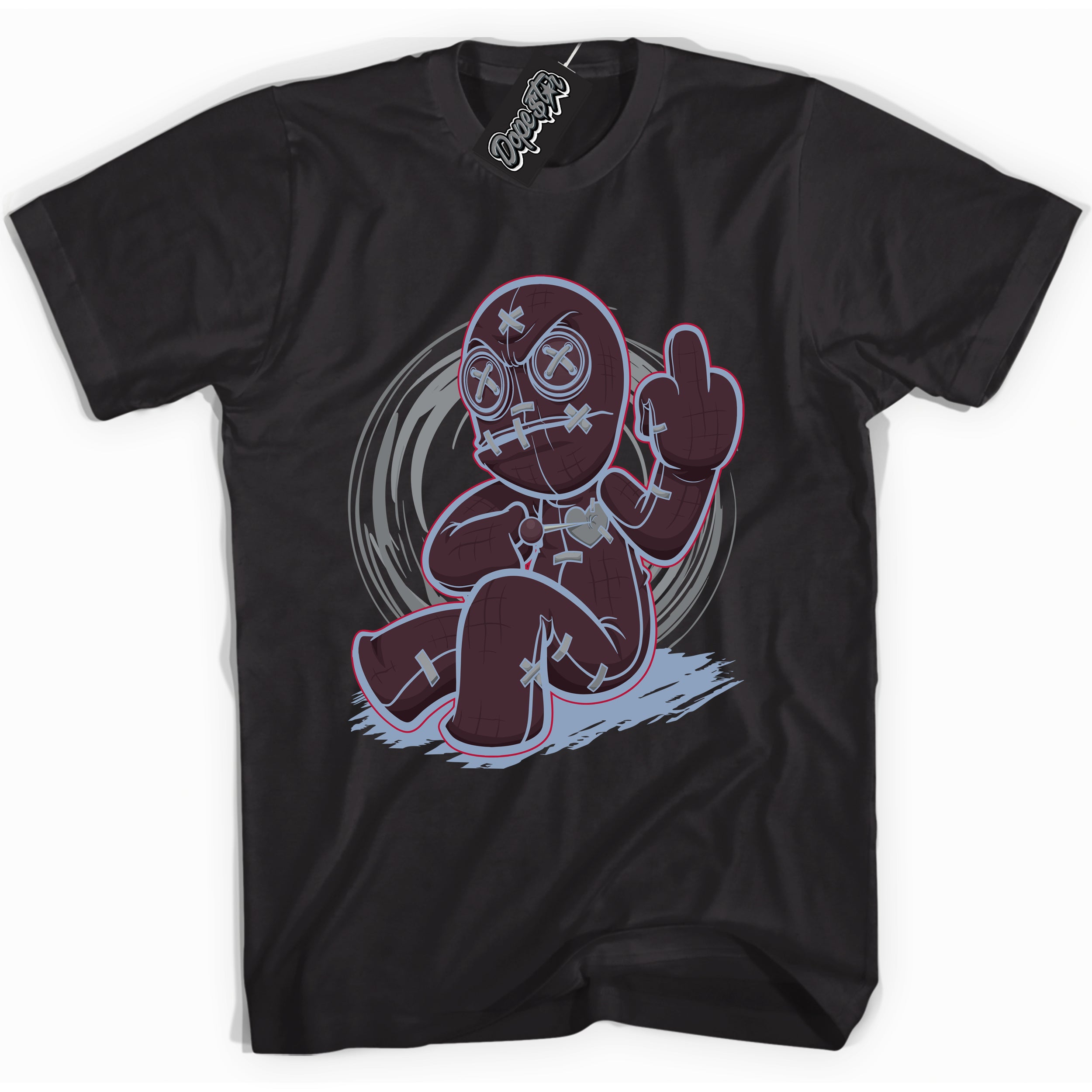 Cool Black Shirt with “ VooDoo Doll” design that perfectly matches Burgundy 5s Sneakers.