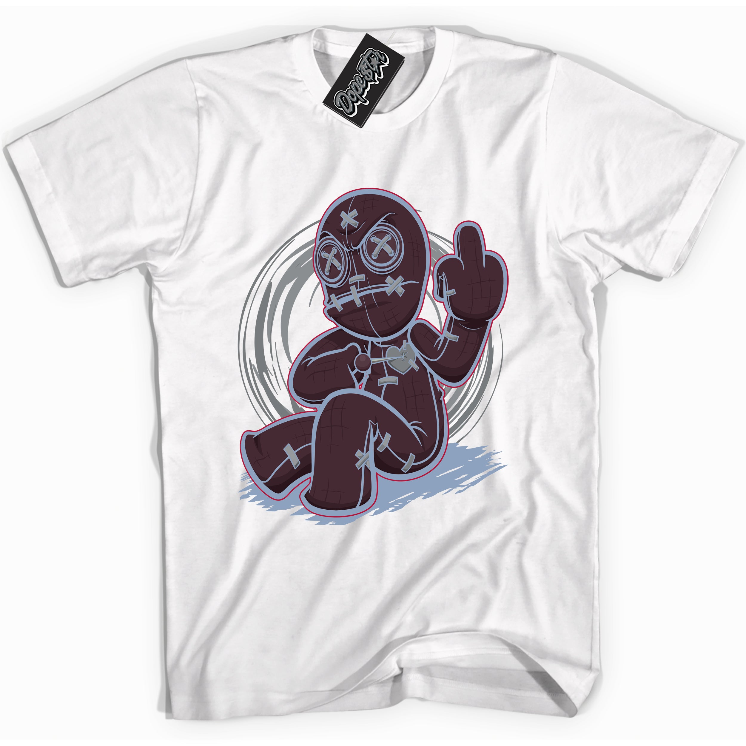 Cool White Shirt with “ VooDoo Doll” design that perfectly matches Burgundy 5s Sneakers.