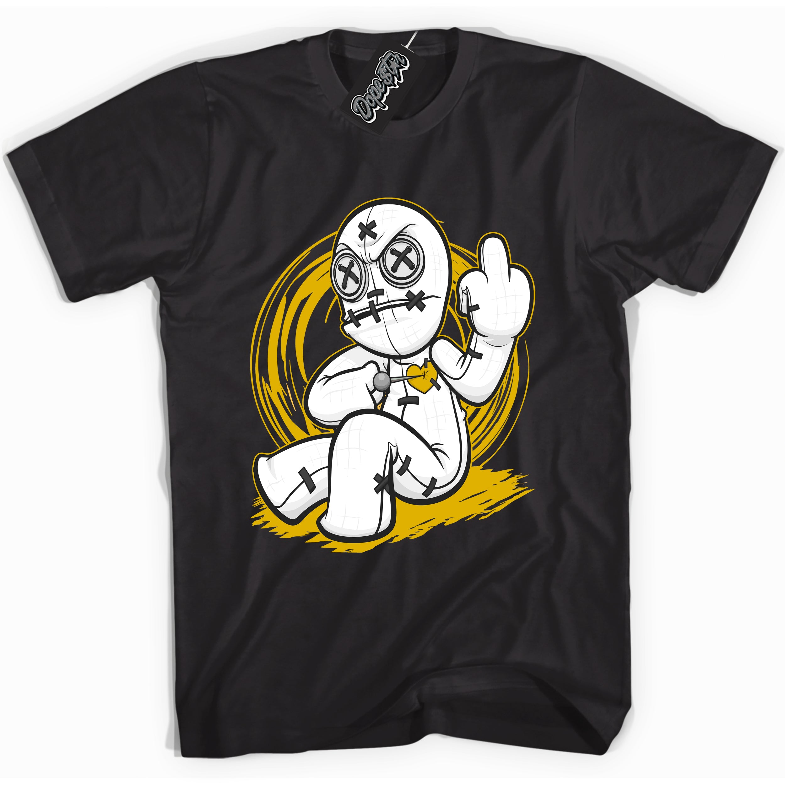 Cool Black Shirt with “ VooDoo Doll ” design that perfectly matches Yellow Ochre 6s Sneakers.