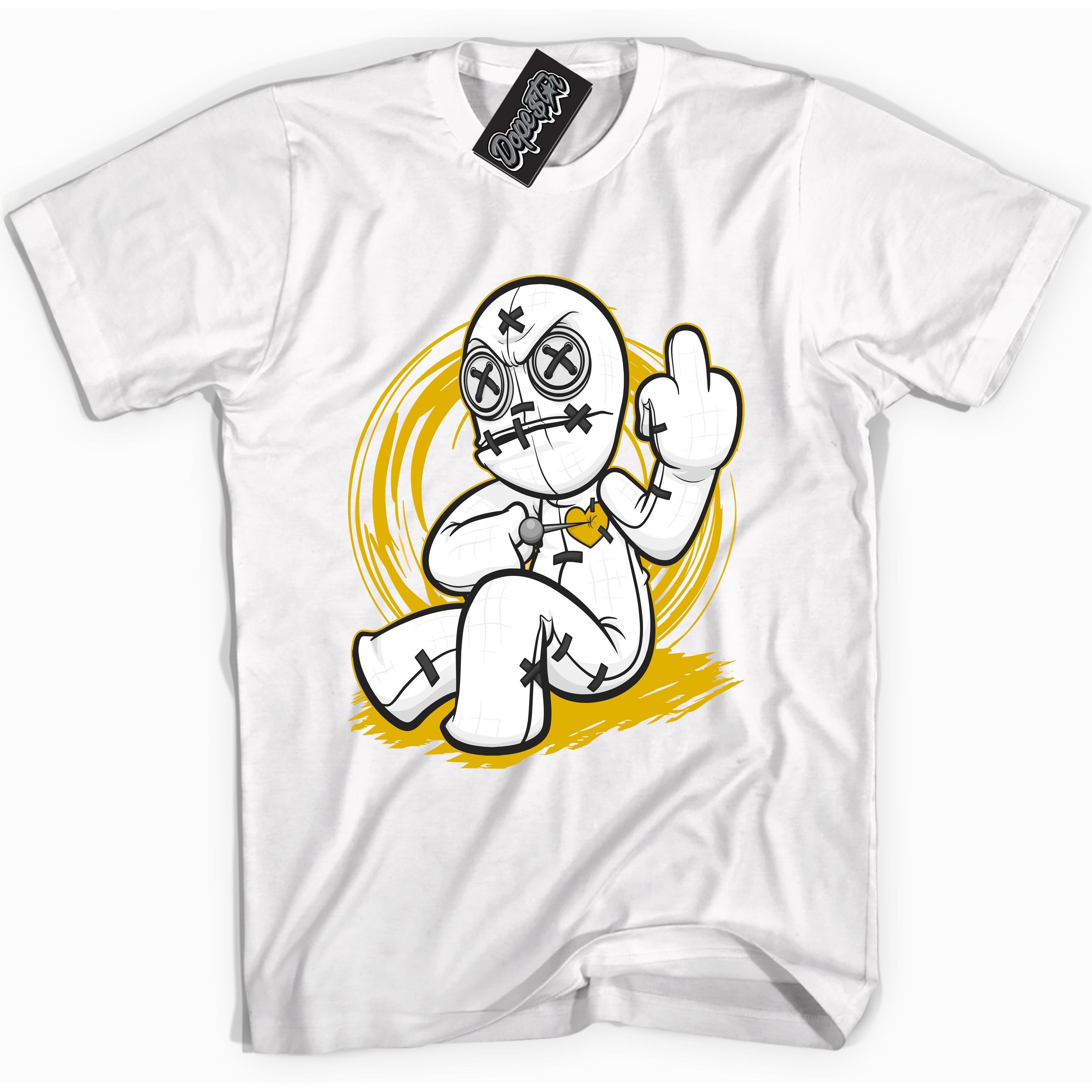 Cool White Shirt with “ VooDoo Doll” design that perfectly matches Yellow Ochre 6s Sneakers.