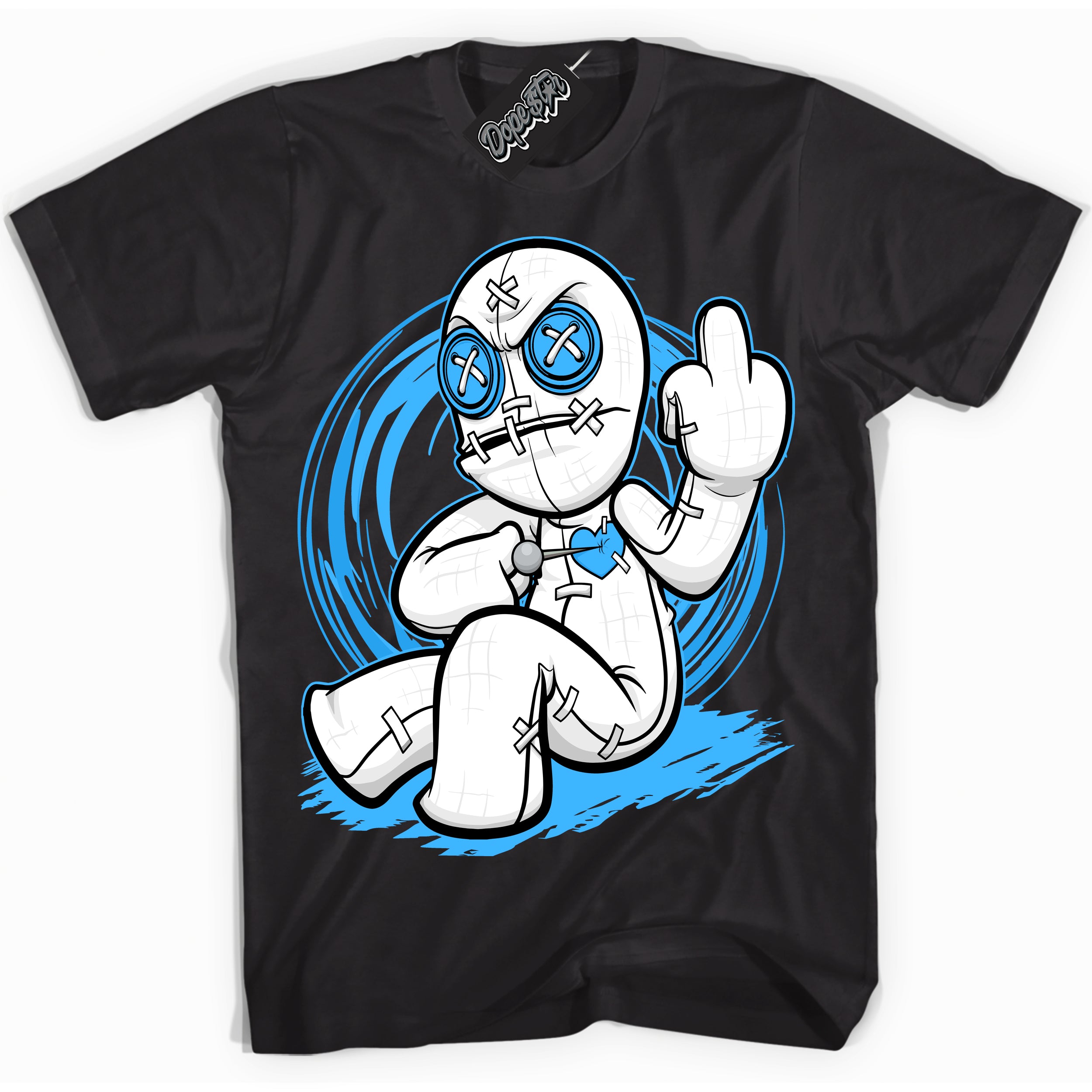 Cool Black graphic tee with “ VooDoo Doll ” design, that perfectly matches Powder Blue 9s sneakers 