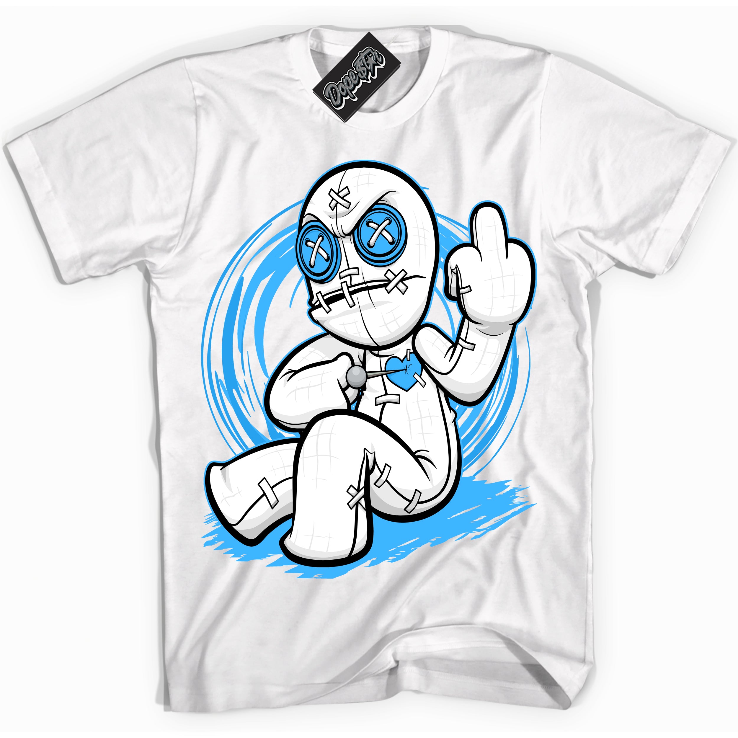 Cool White graphic tee with “ VooDoo Doll ” design, that perfectly matches Powder Blue 9s sneakers 