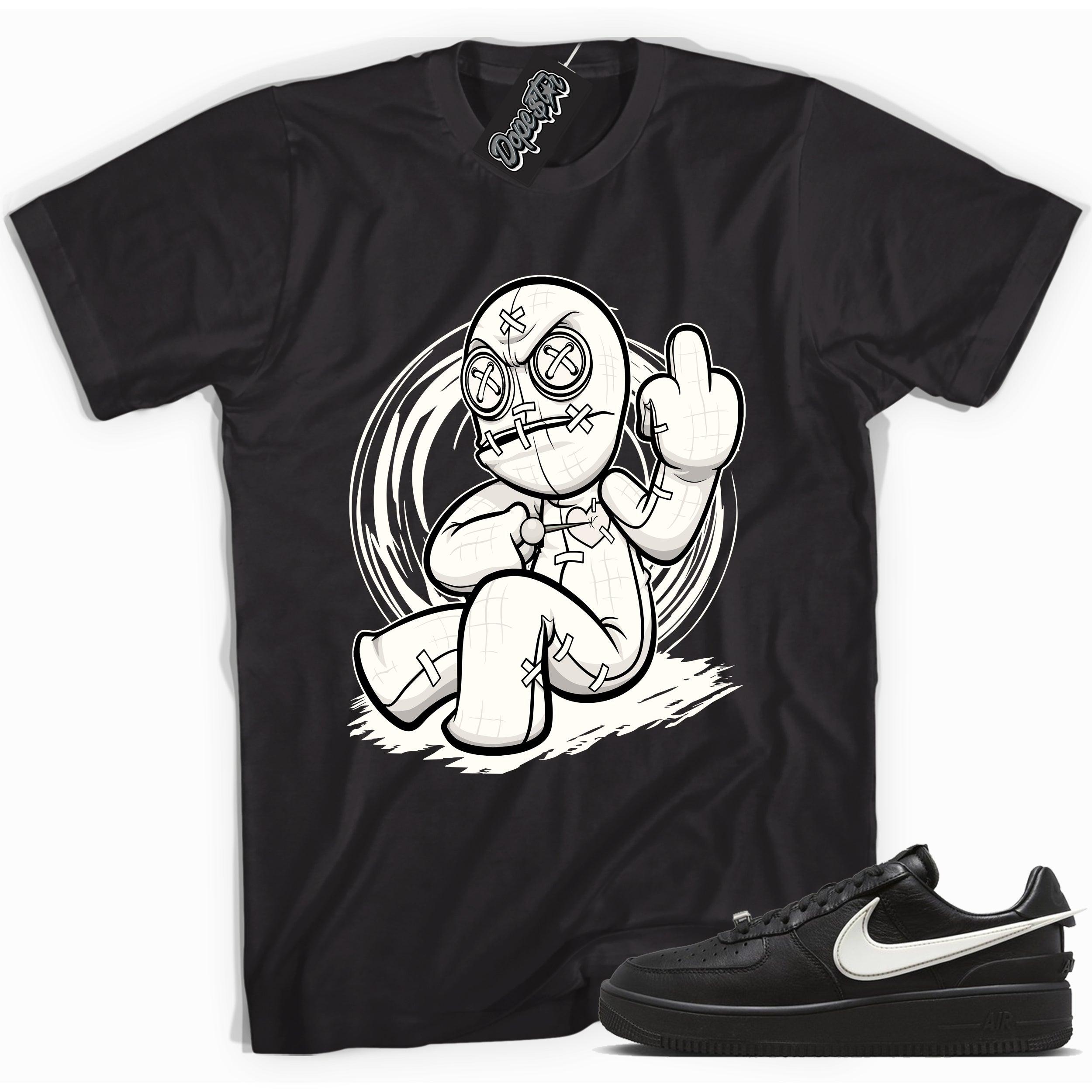 Cool black graphic tee with 'voodoo doll' print, that perfectly matches Nike Air Force 1 Low SP Ambush Phantom sneakers.