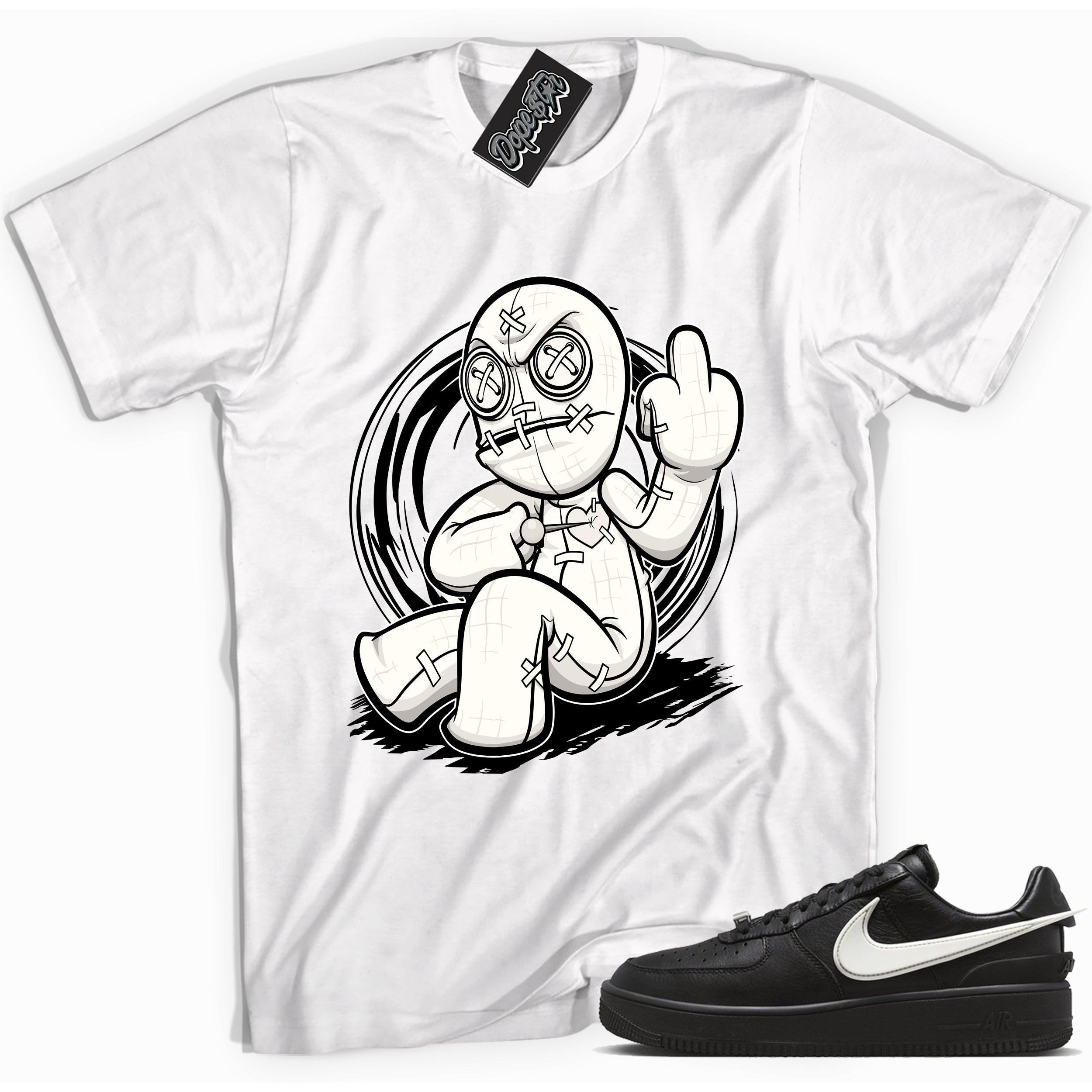 Cool white graphic tee with 'voodoo doll' print, that perfectly matches Nike Air Force 1 Low SP Ambush Phantom sneakers.