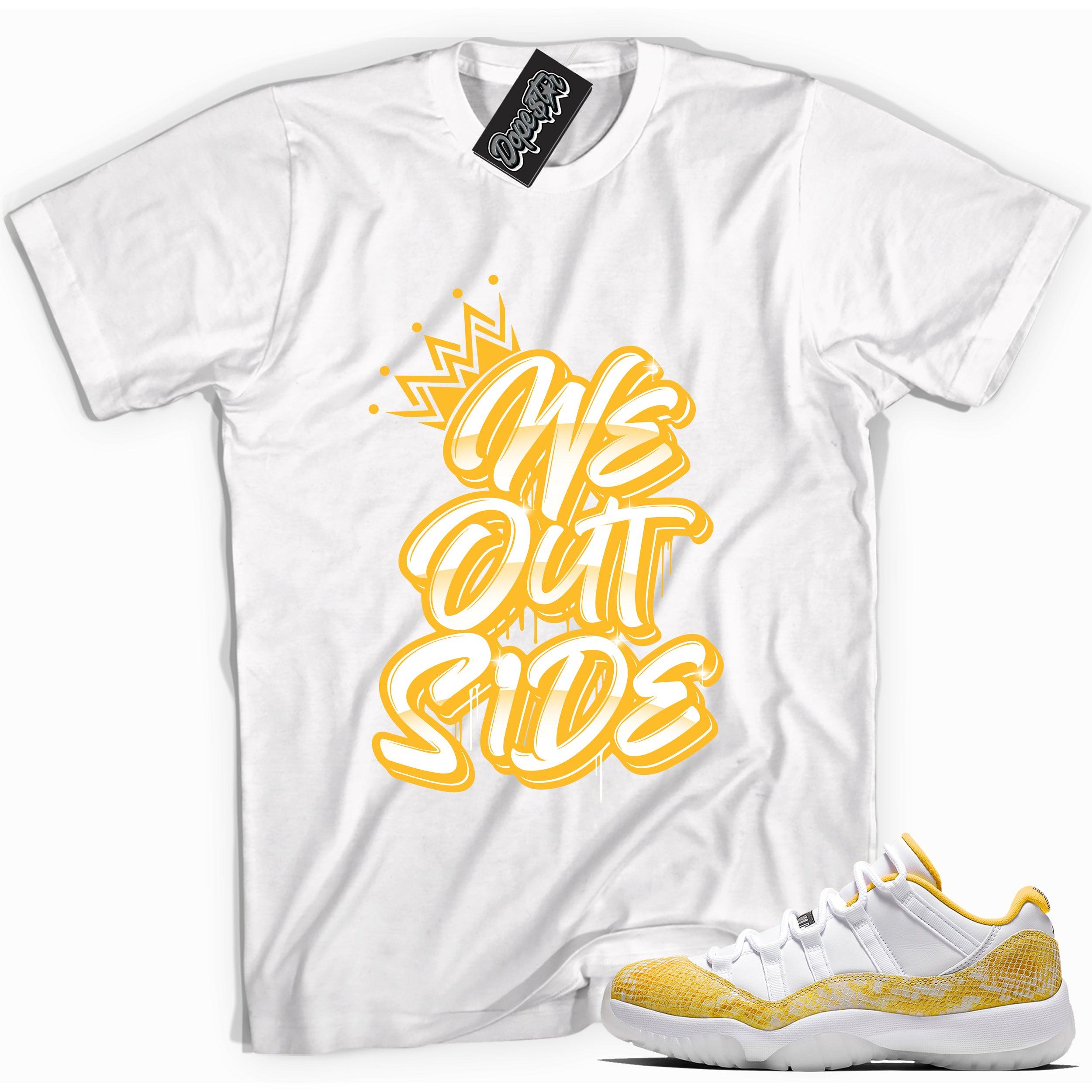 Cool white graphic tee with 'we outside' print, that perfectly matches Air Jordan 11 Retro Low Yellow Snakeskin sneakers