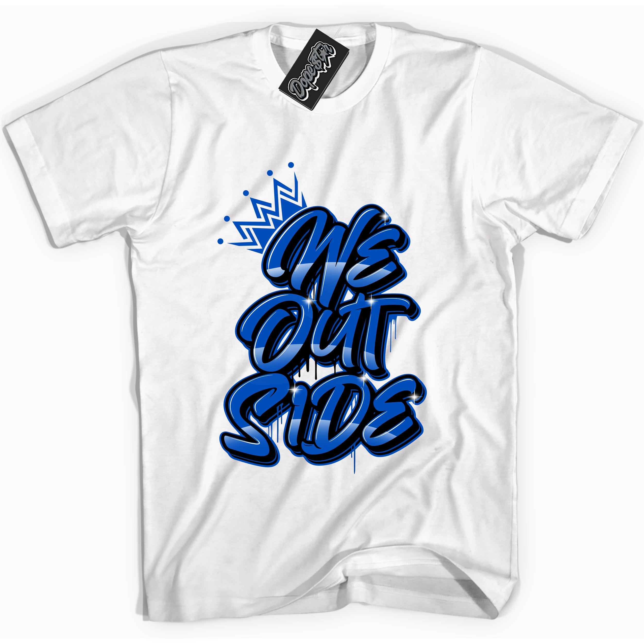 Cool White graphic tee with "We Outside" design, that perfectly matches Royal Reimagined 1s sneakers 
