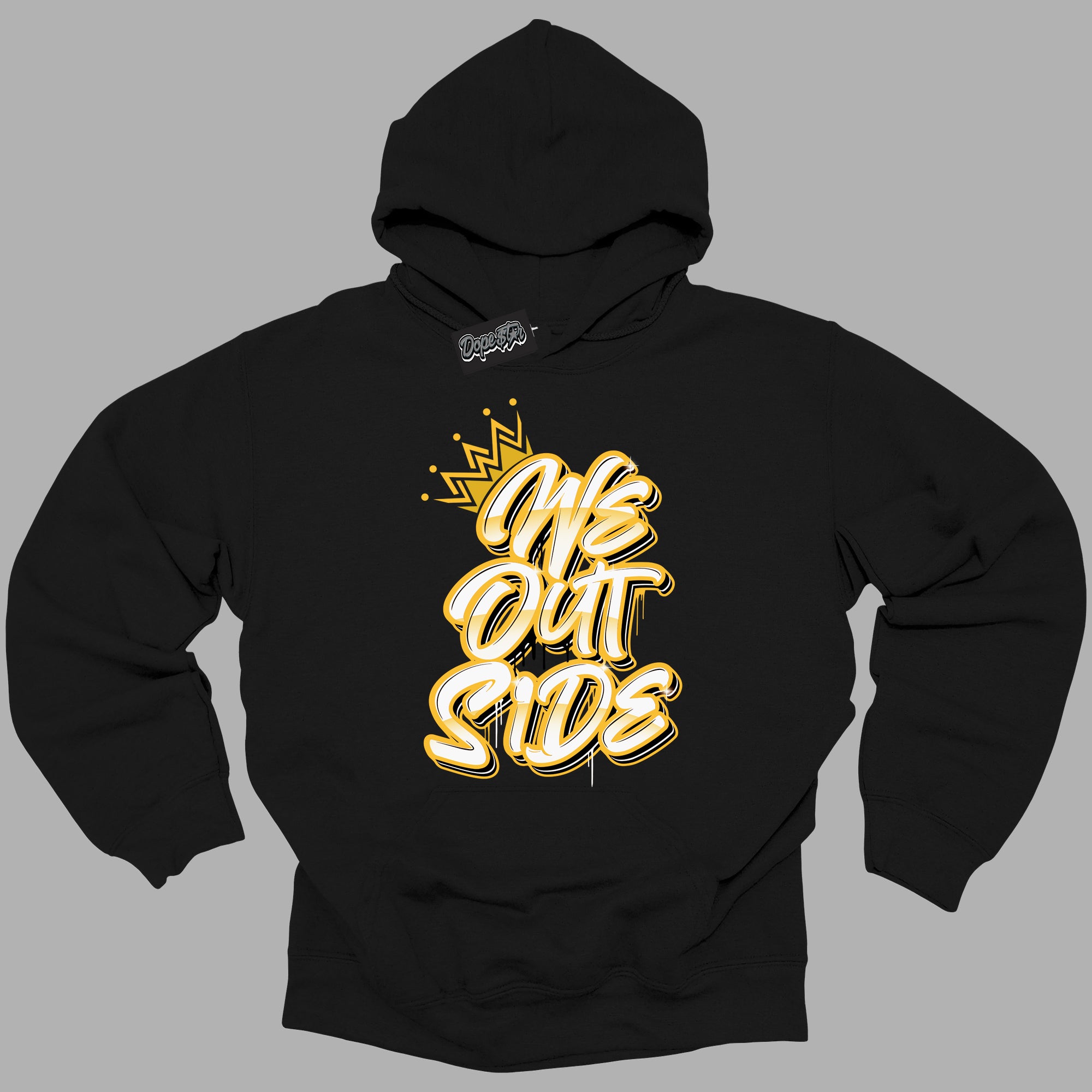 Cool Black Hoodie with “We Outside ”  design that Perfectly Matches Yellow Ochre 6s Sneakers.