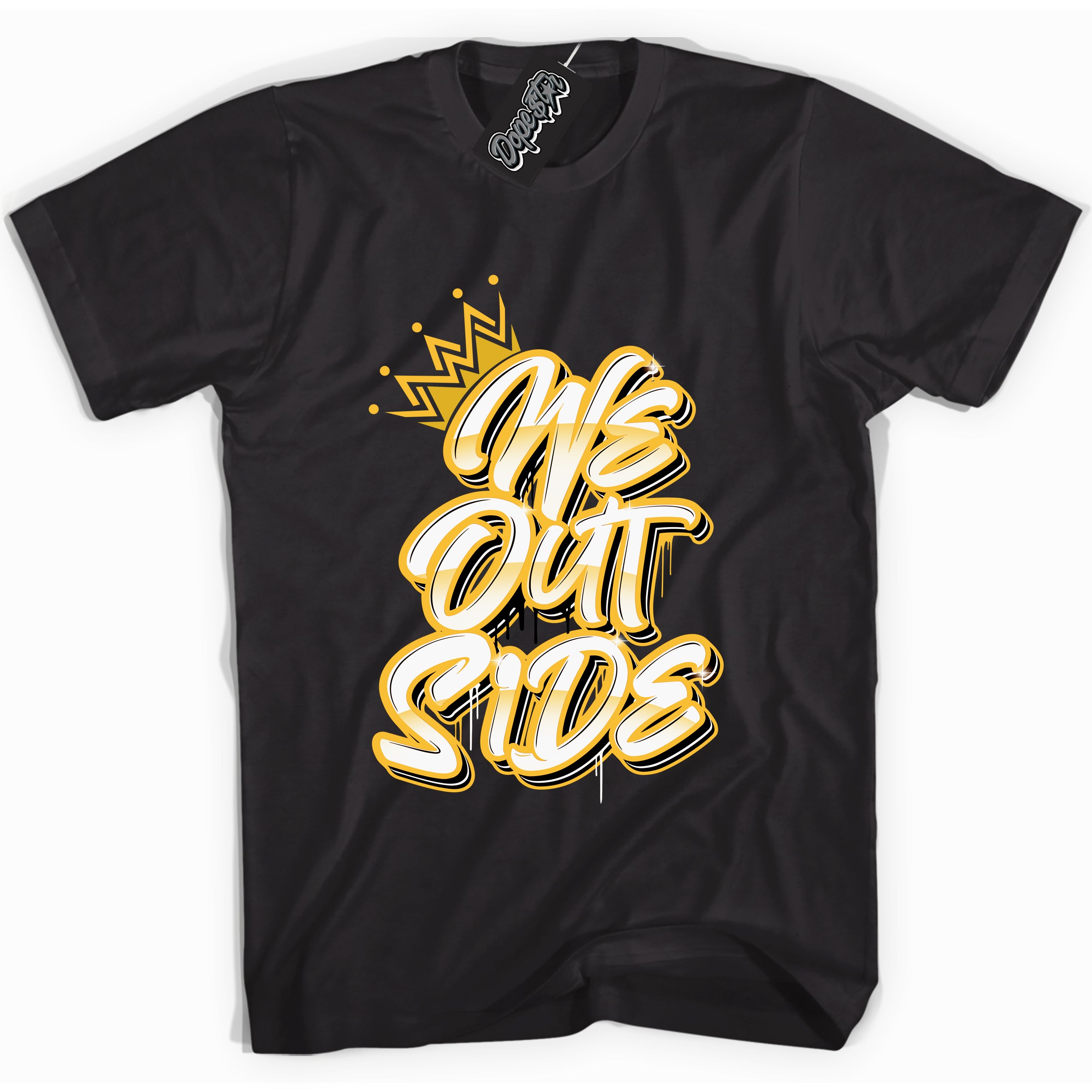 Cool black Shirt with “ We Outside” design that perfectly matches Yellow Ochre 6s Sneakers.
