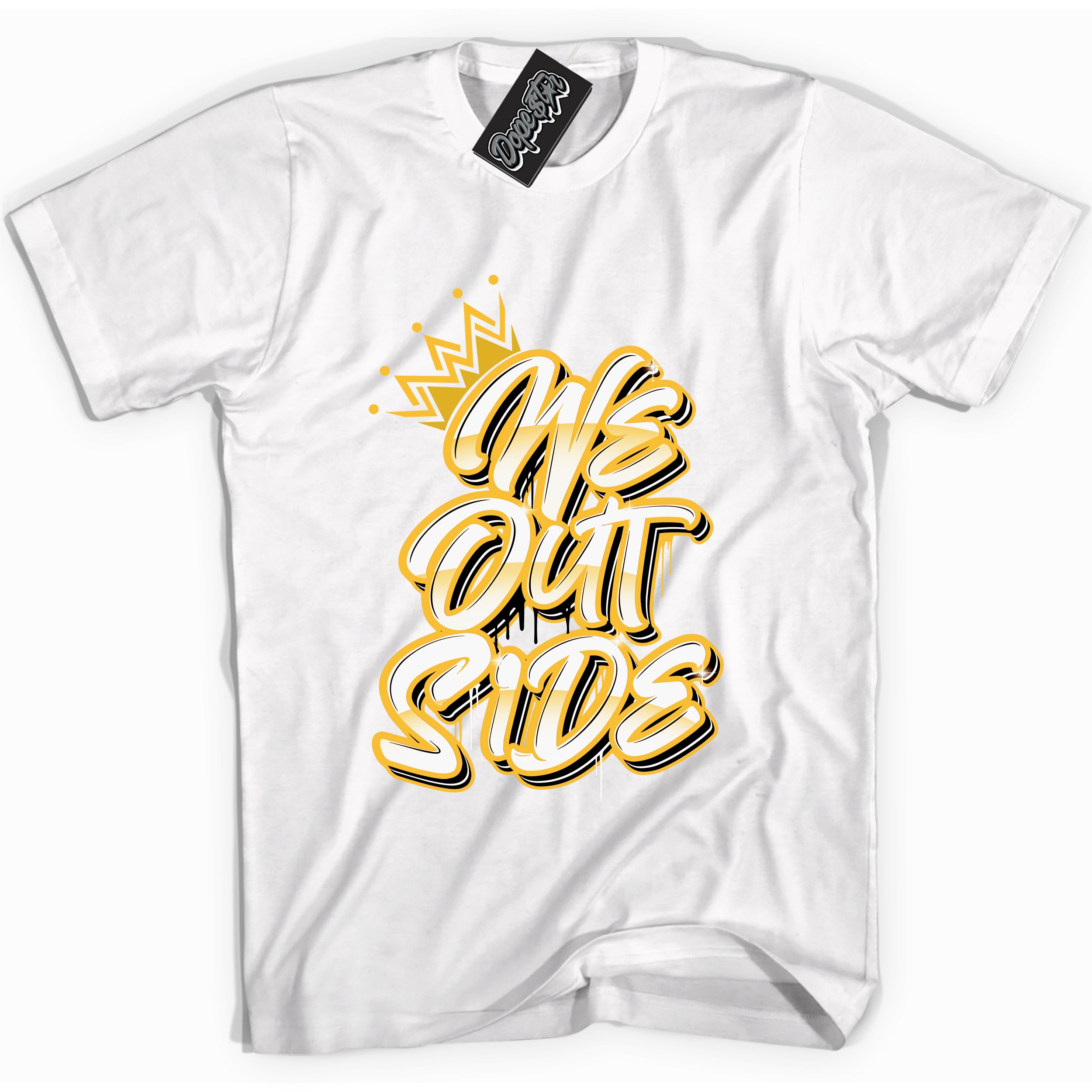 Cool white Shirt with “ We Outside ” design that perfectly matches Yellow Ochre 6s Sneakers.