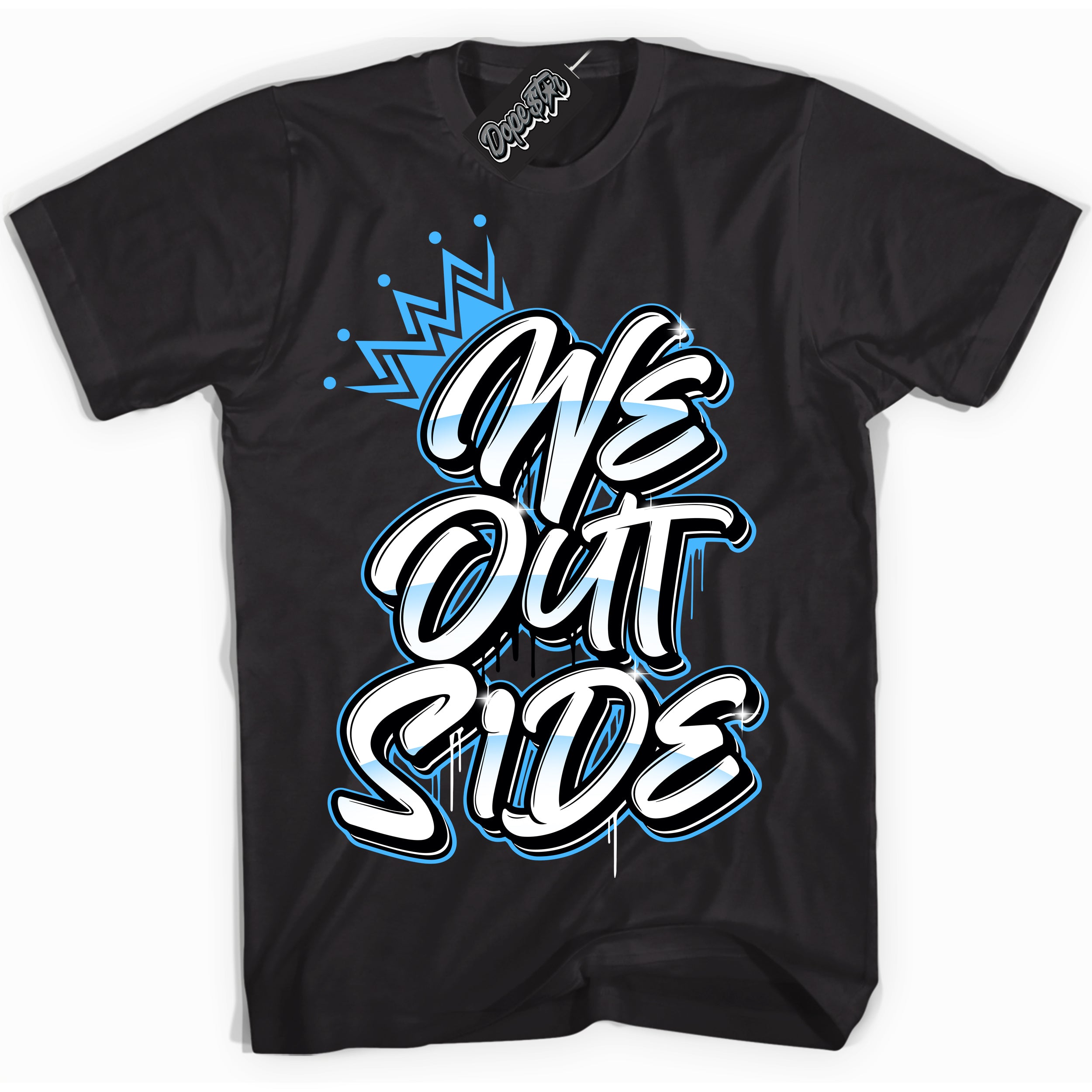 Cool Black graphic tee with “ We Outside ” design, that perfectly matches Powder Blue 9s sneakers 