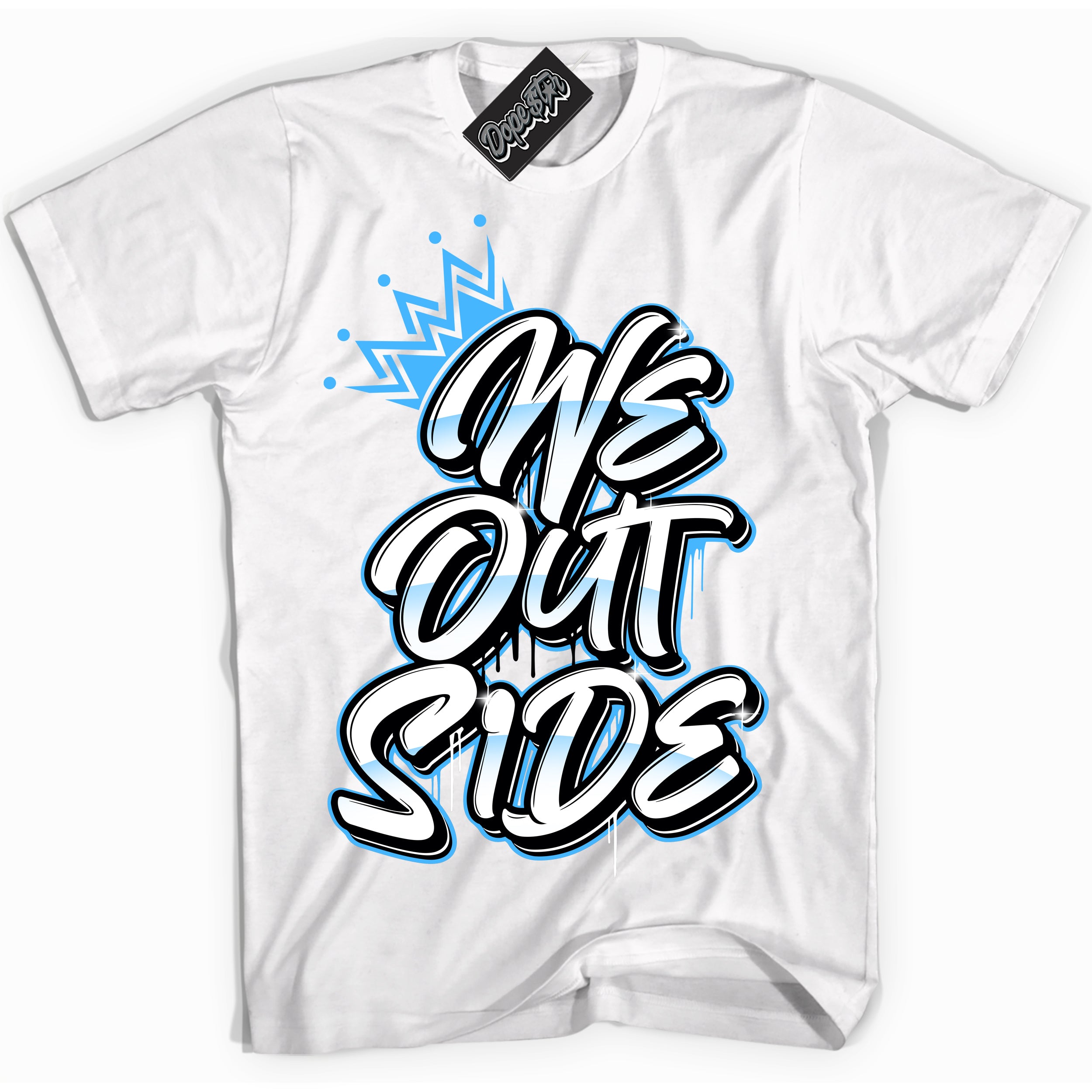 Cool White graphic tee with “ We Outside ” design, that perfectly matches Powder Blue 9s sneakers 