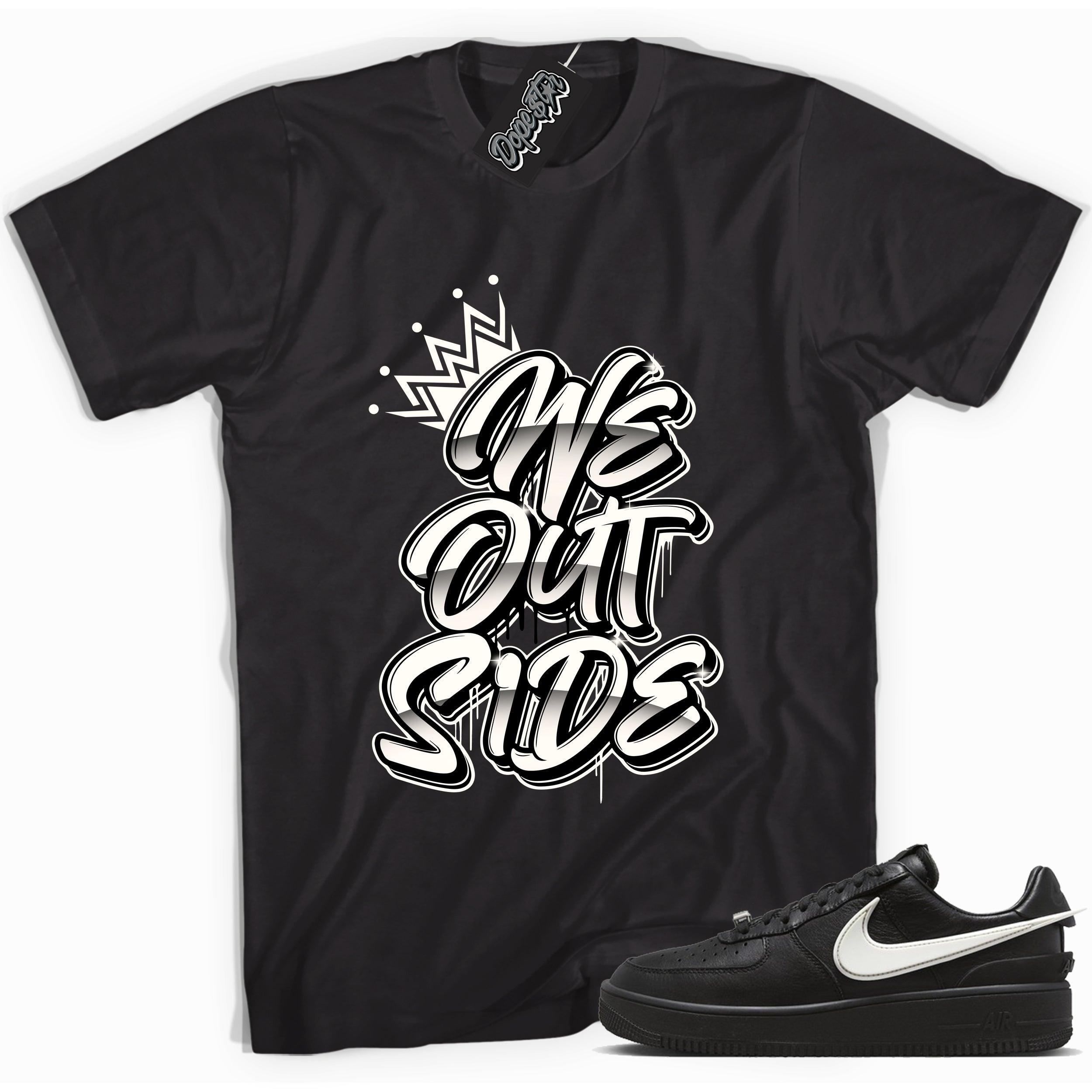 Cool black graphic tee with 'we outside' print, that perfectly matches Nike Air Force 1 Low SP Ambush Phantom sneakers.