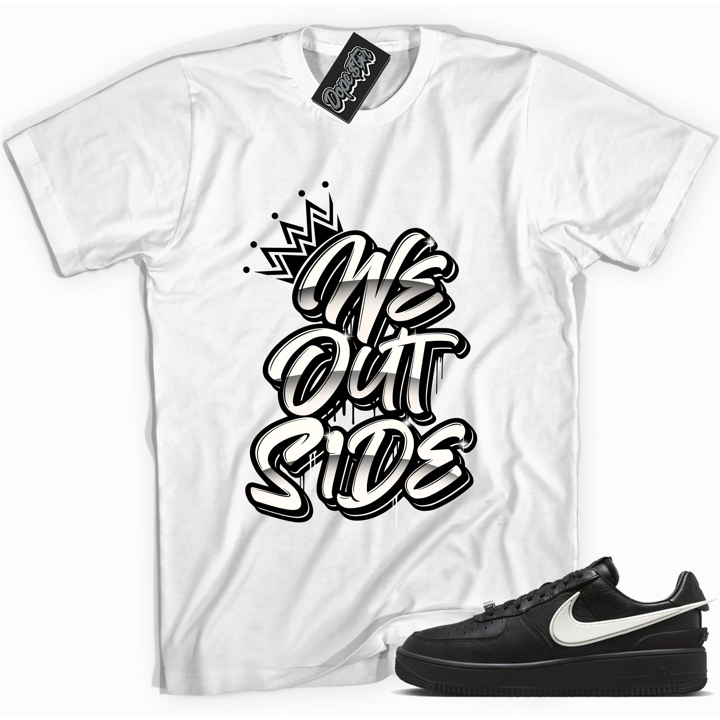 Cool white graphic tee with 'we outside' print, that perfectly matches Nike Air Force 1 Low SP Ambush Phantom sneakers.