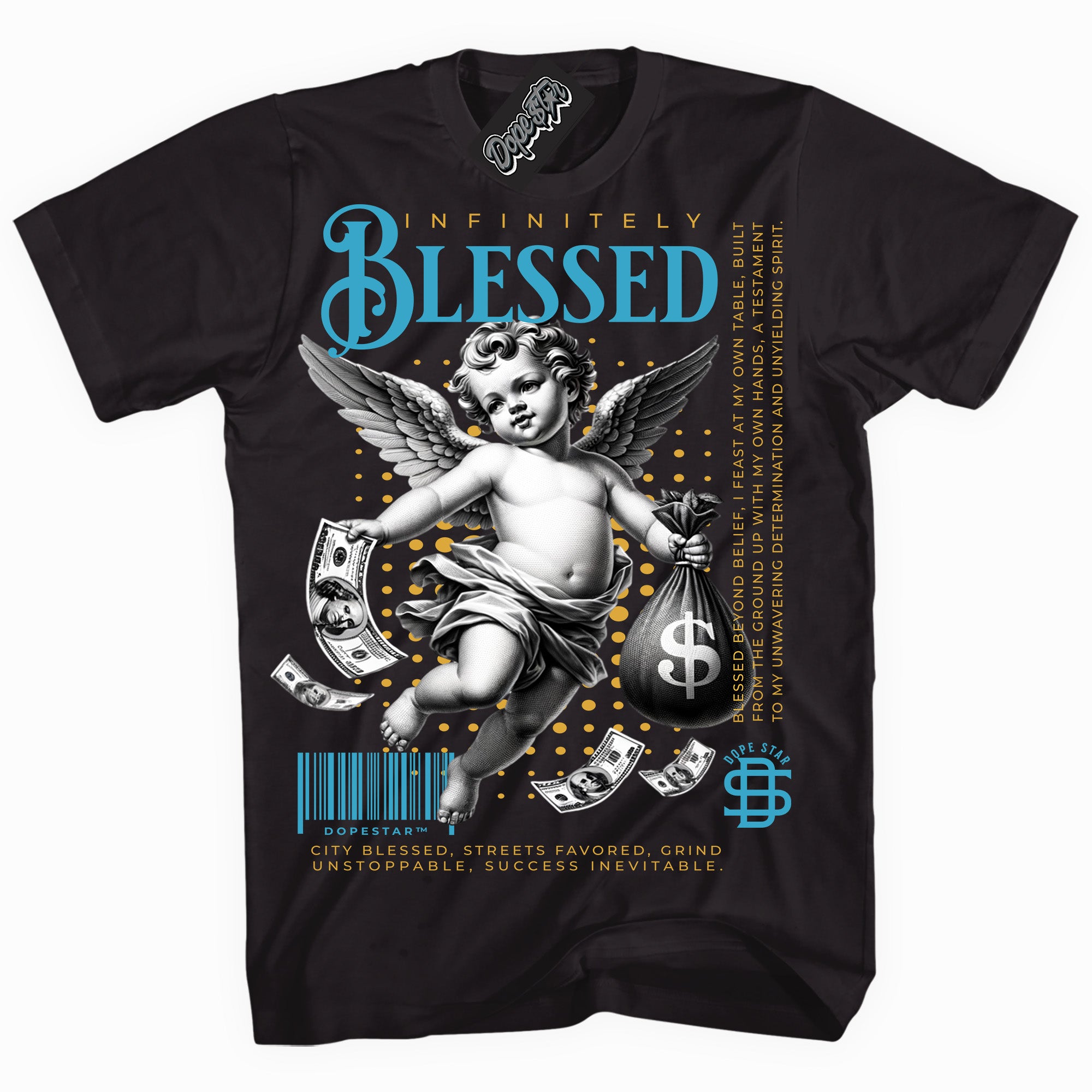 Cool Black graphic tee with “ Infinitely Blessed ” print, that perfectly matches AQUA 5s sneakers 