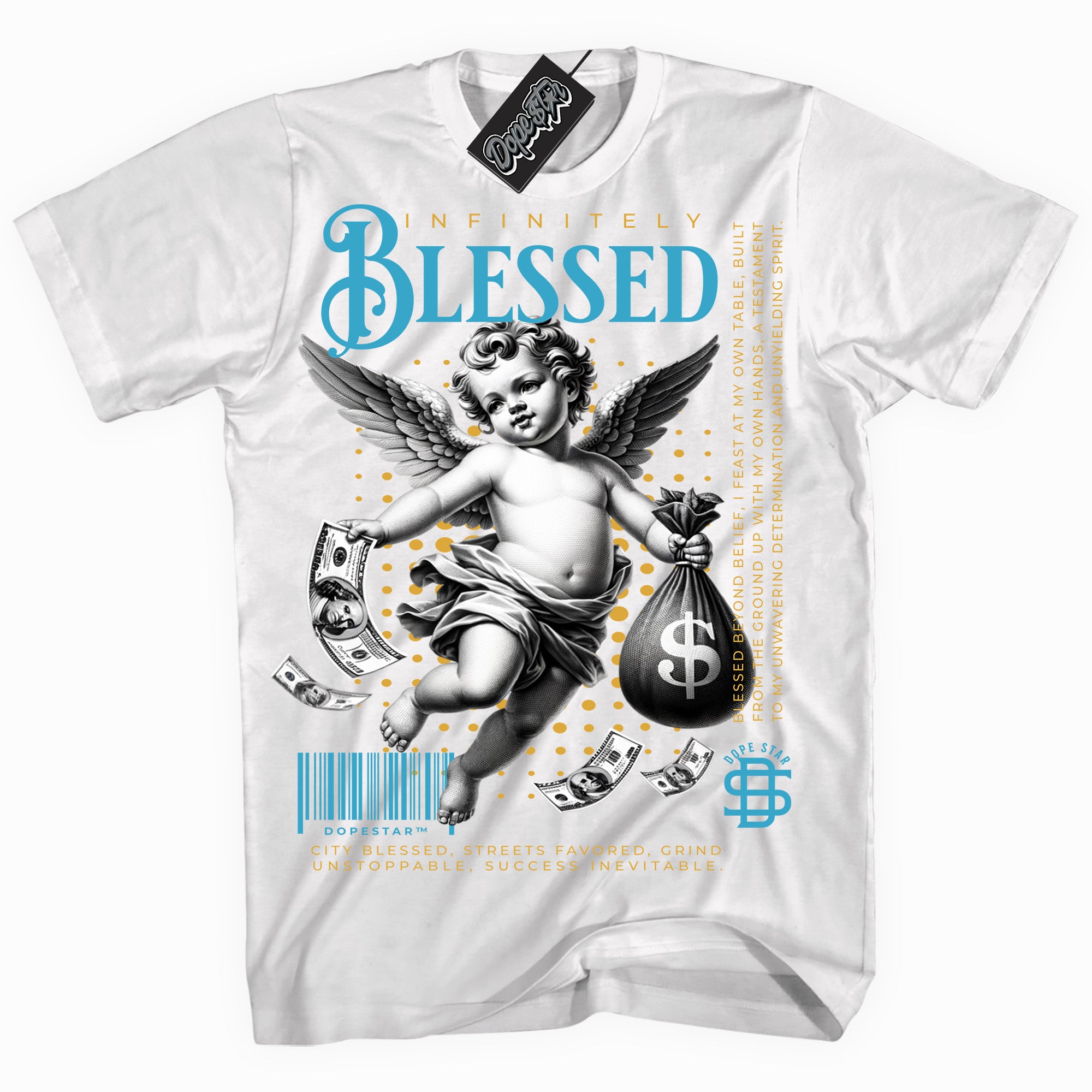 Cool White graphic tee with “ Infinitely Blessed ” print, that perfectly matches AQUA 5s sneakers 