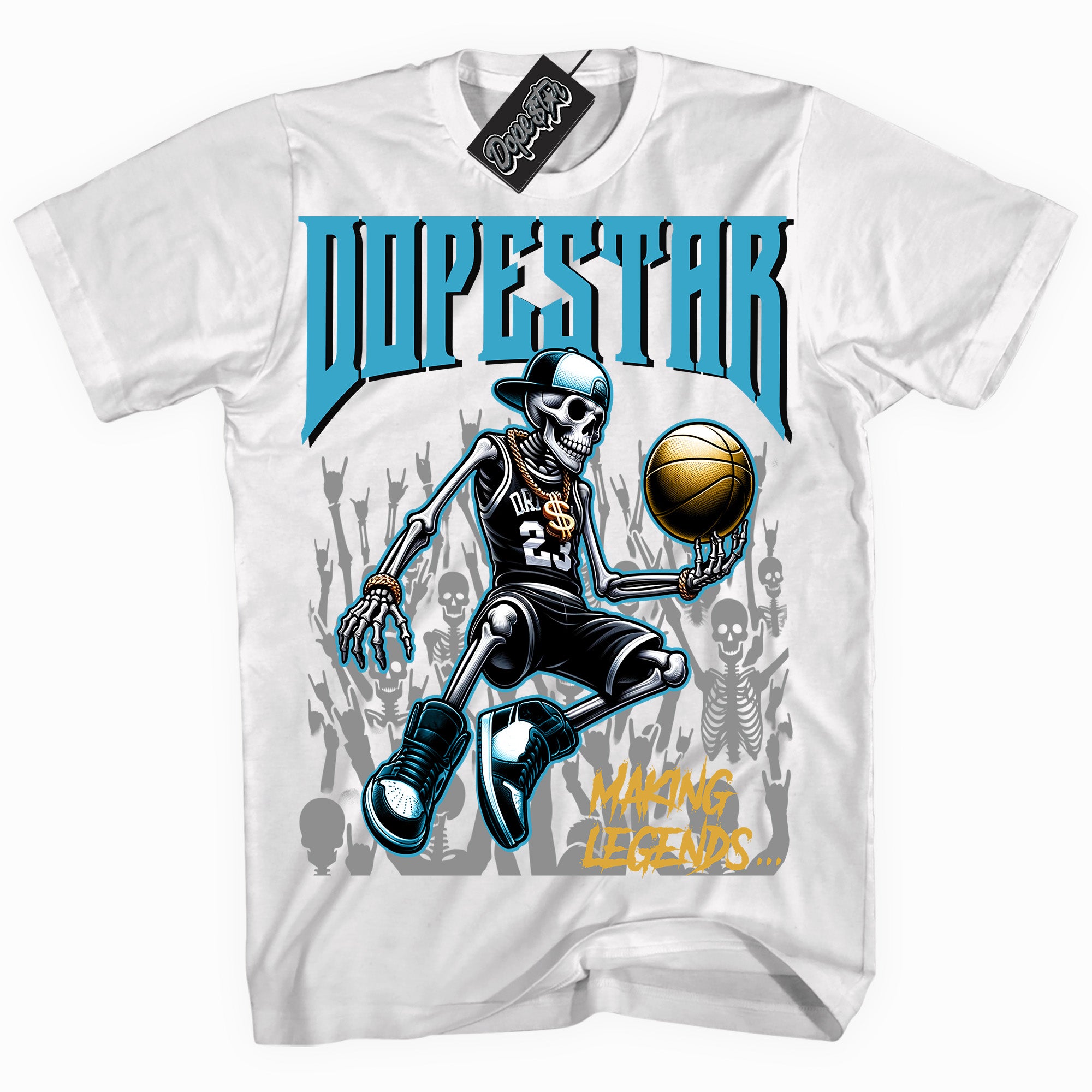 Cool White graphic tee with “ Makin Legends ” print, that perfectly matches AQUA 5s sneakers 