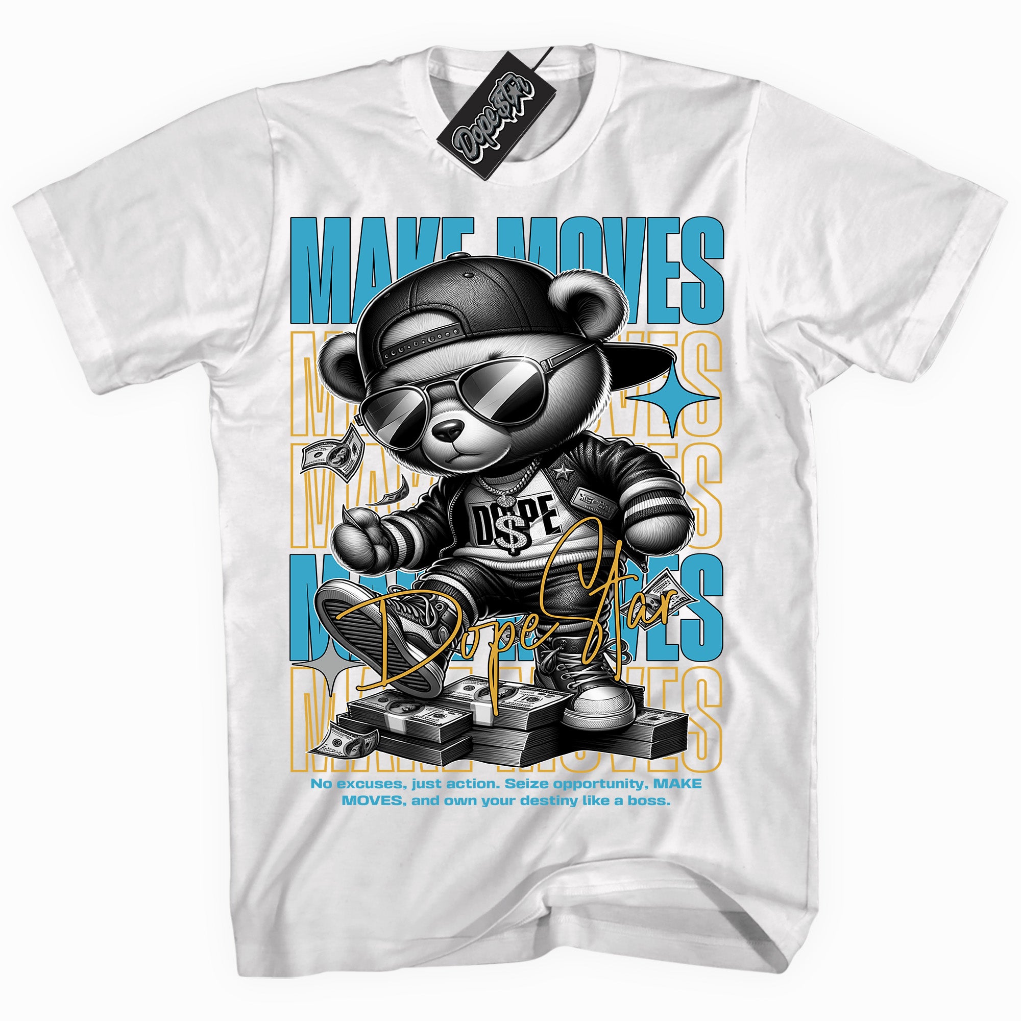 Cool White graphic tee with “ Makin Moves ” print, that perfectly matches AQUA 5s sneakers 