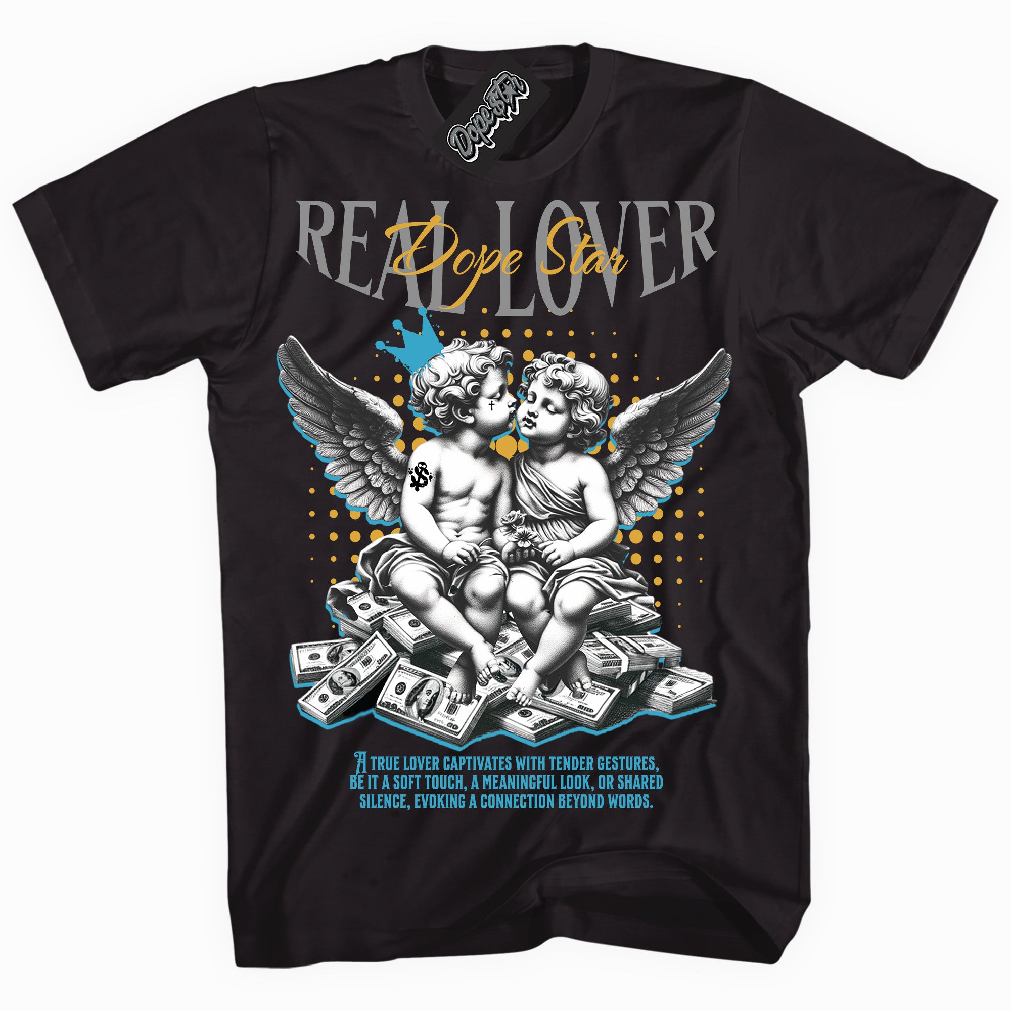 Cool Black graphic tee with “ Real Lover ” print, that perfectly matches AQUA 5s sneakers 