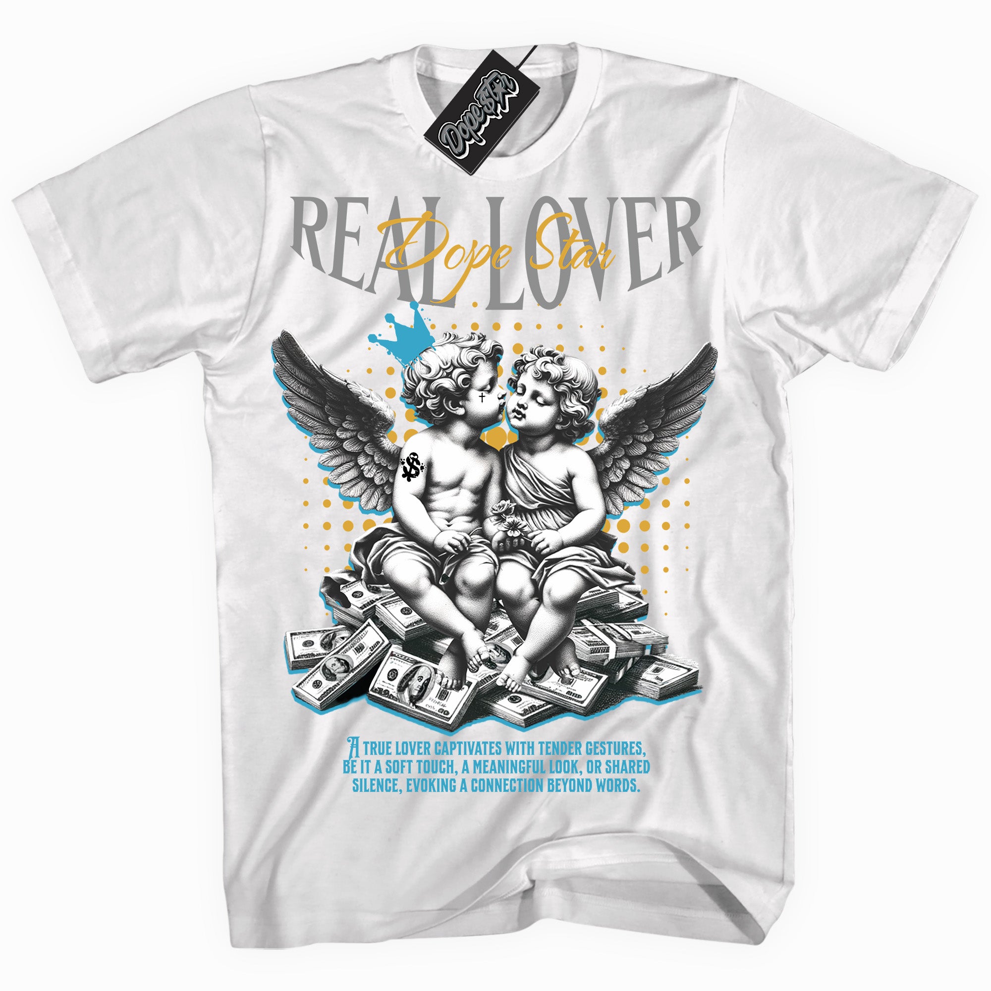 Cool White graphic tee with “ Real Lover ” print, that perfectly matches AQUA 5s sneakers 
