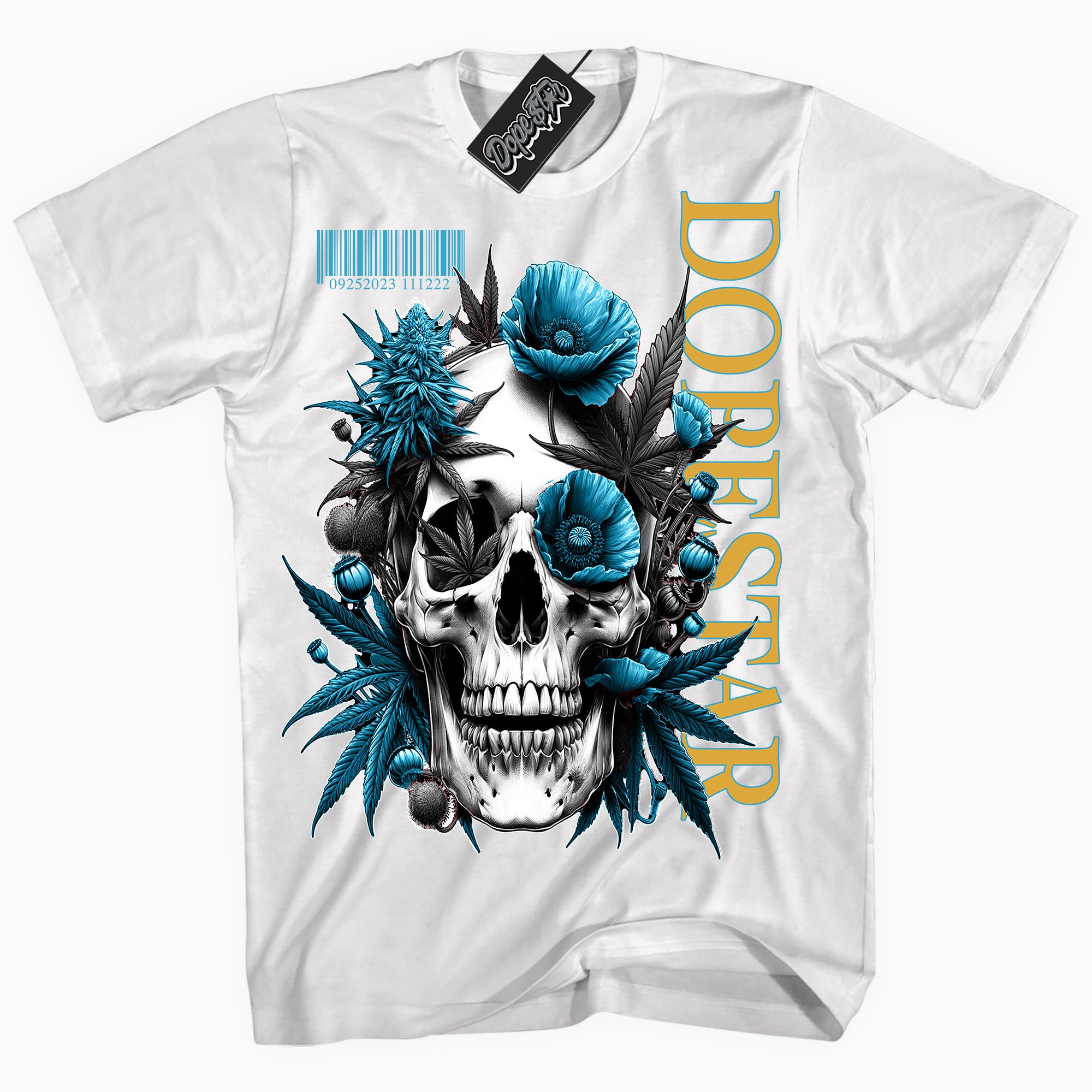 Cool White graphic tee with “ Skull Poppies ” print, that perfectly matches AQUA 5s sneakers 