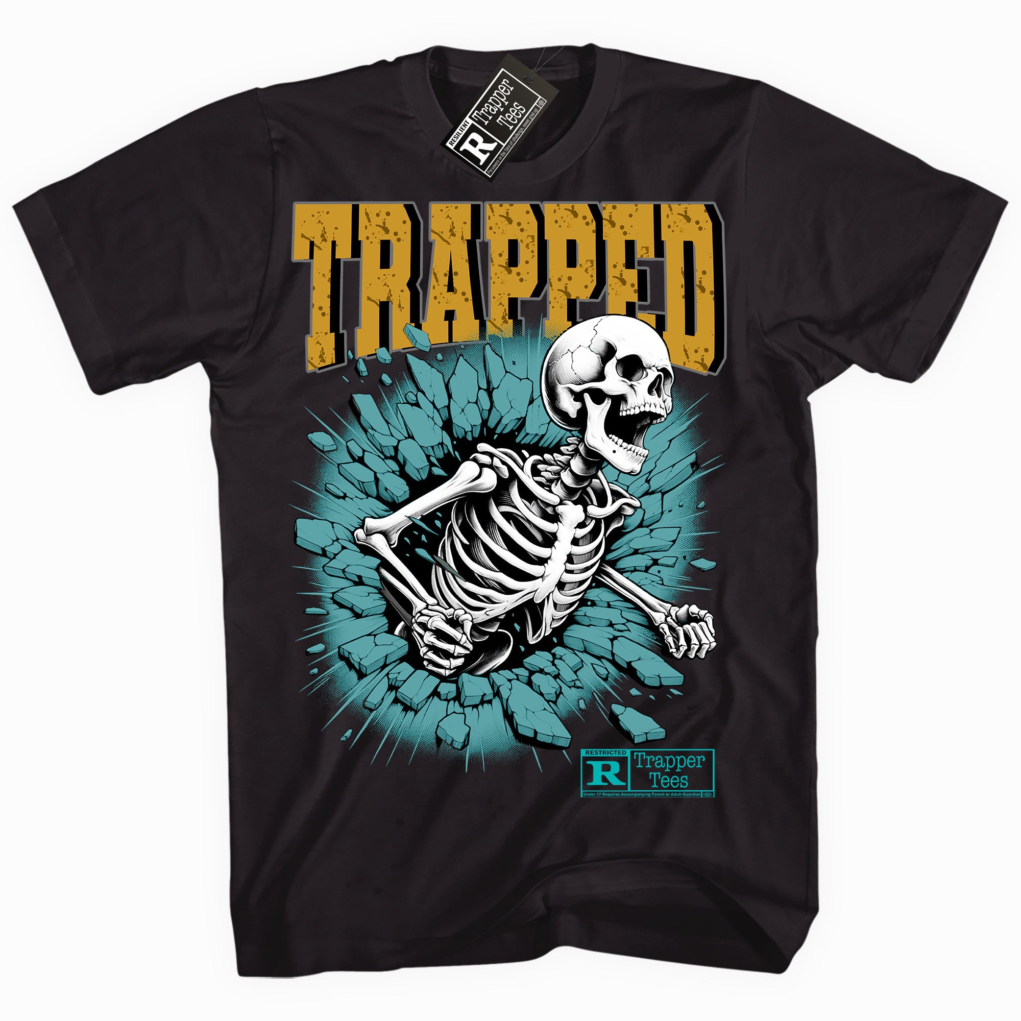 Cool Black graphic tee with “ Trapped ” print, that perfectly matches Aqua 5s sneakers 