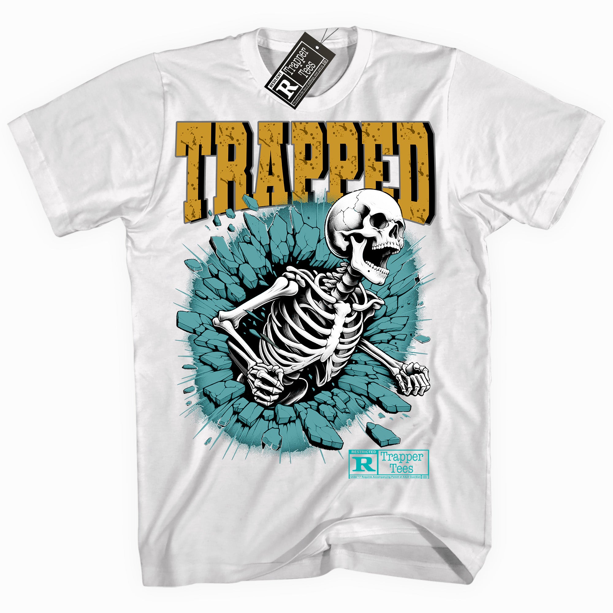 Cool White graphic tee with “ Trapped ” print, that perfectly matches Aqua 5s sneakers 
