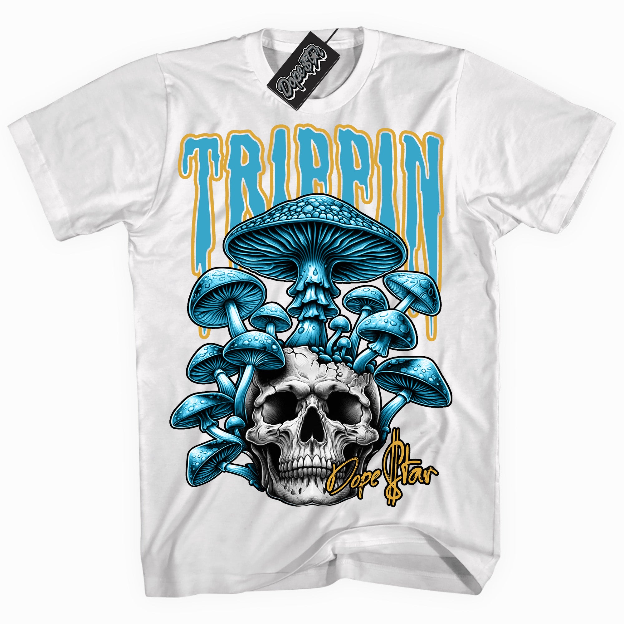 Cool White graphic tee with “ Trippin ” print, that perfectly matches AQUA 5s sneakers 
