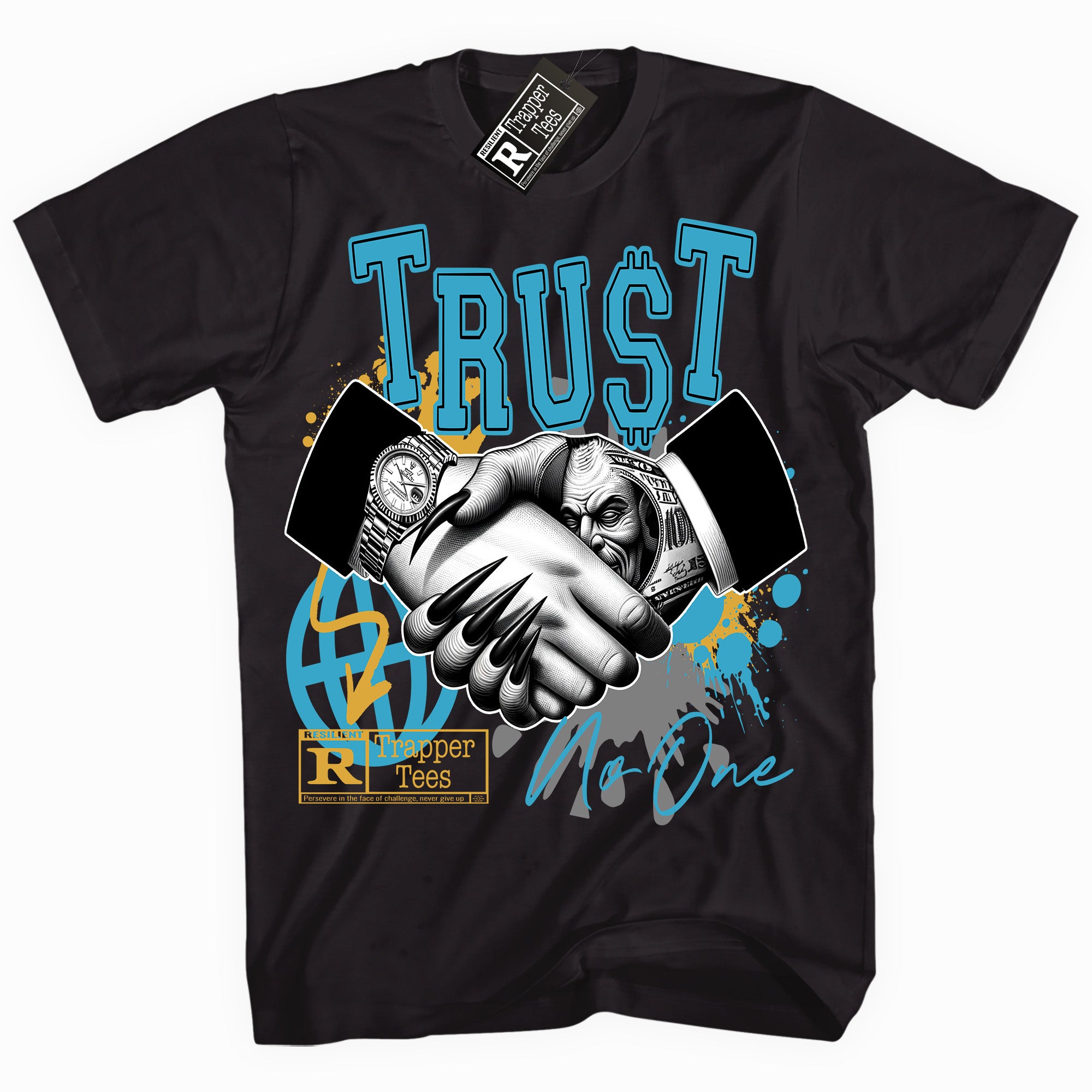 Cool Black graphic tee with “ Trapped ” print, that perfectly matches Aqua 5s sneakers 