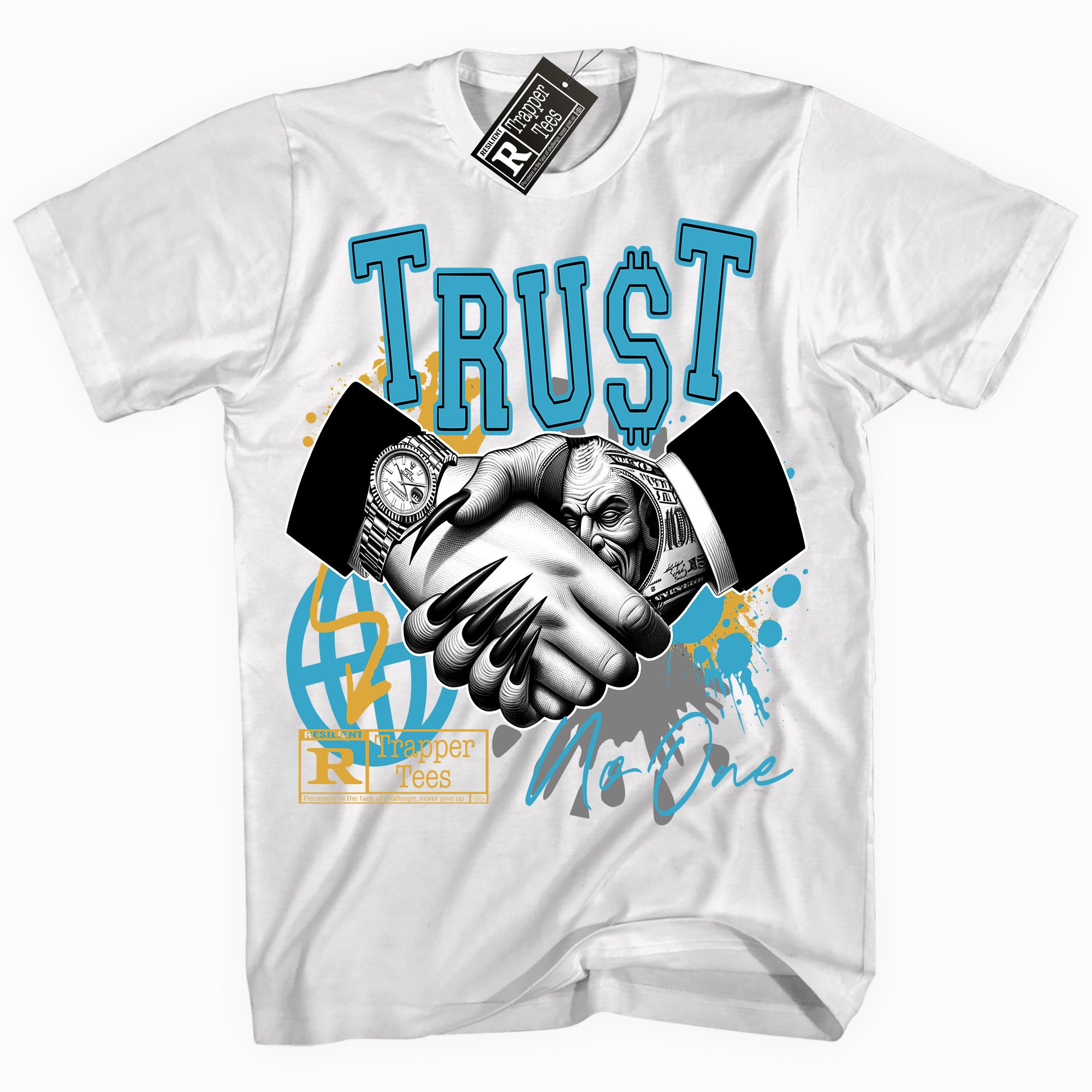 Cool White graphic tee with “ Trapped ” print, that perfectly matches Aqua 5s sneakers
