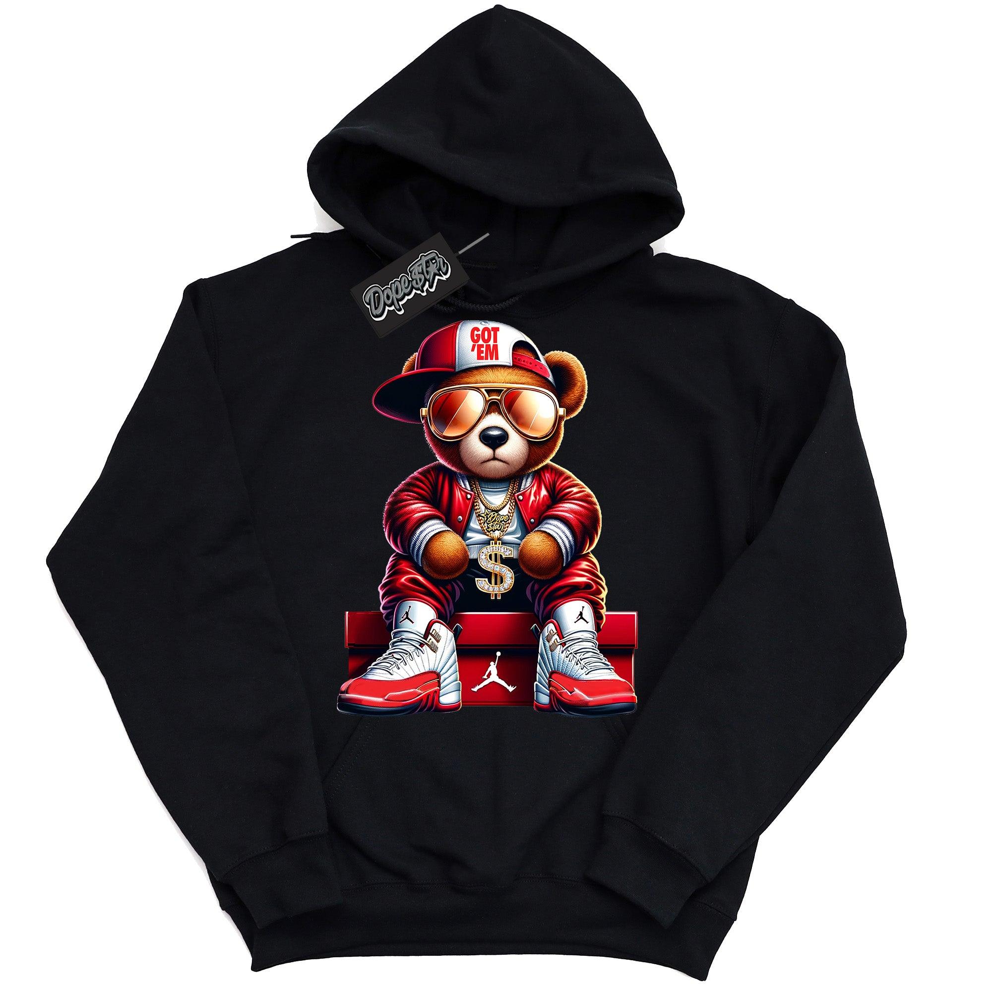 Cool Black Graphic Hoodie with “ Get Em Bear “ print, that perfectly matches Air Jordan 12 Cherry sneakers