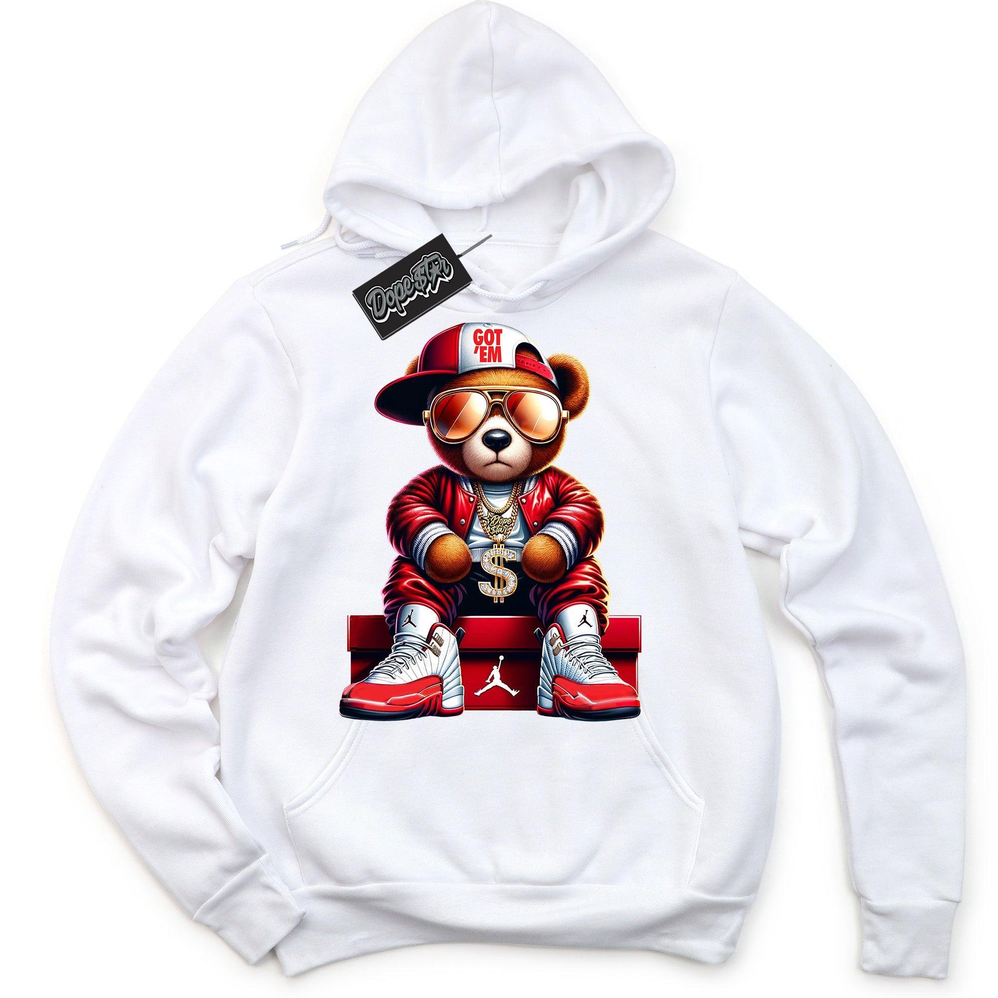 Cool White Graphic Hoodie with “ Get Em Bear “ print, that perfectly matches Air Jordan 12 Cherry sneakers