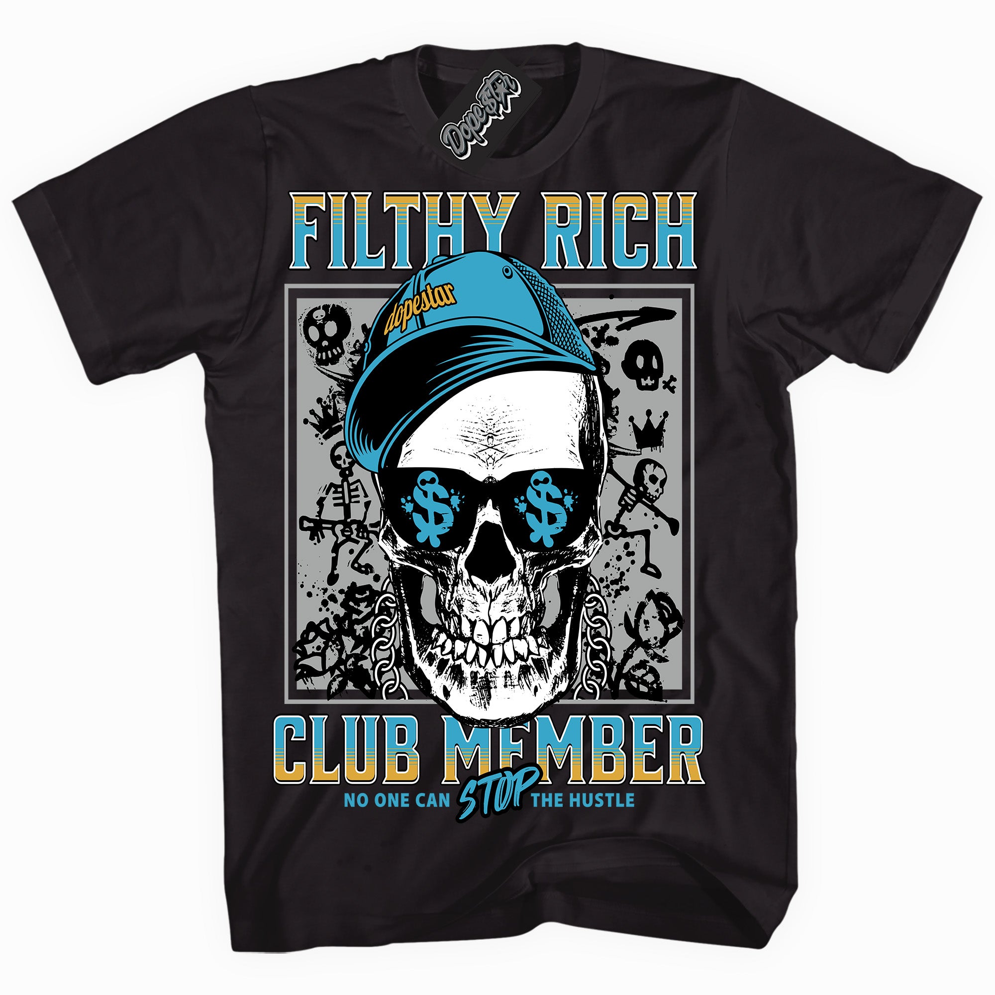 Cool Black graphic tee with “ Filthy Rich ” print, that perfectly matches AQUA 5s sneakers