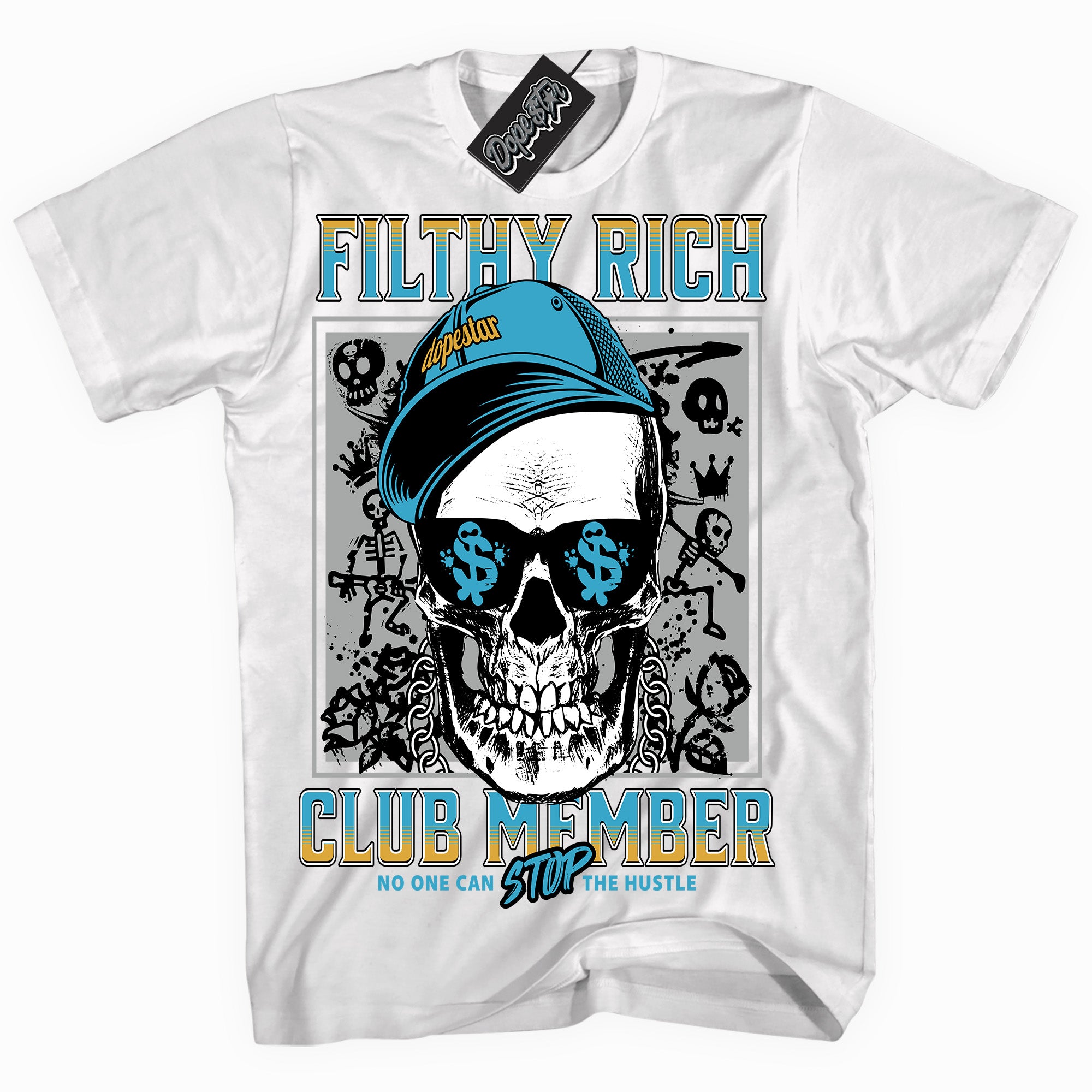 Cool White graphic tee with “ Filthy Rich ” print, that perfectly matches AQUA 5s sneakers 