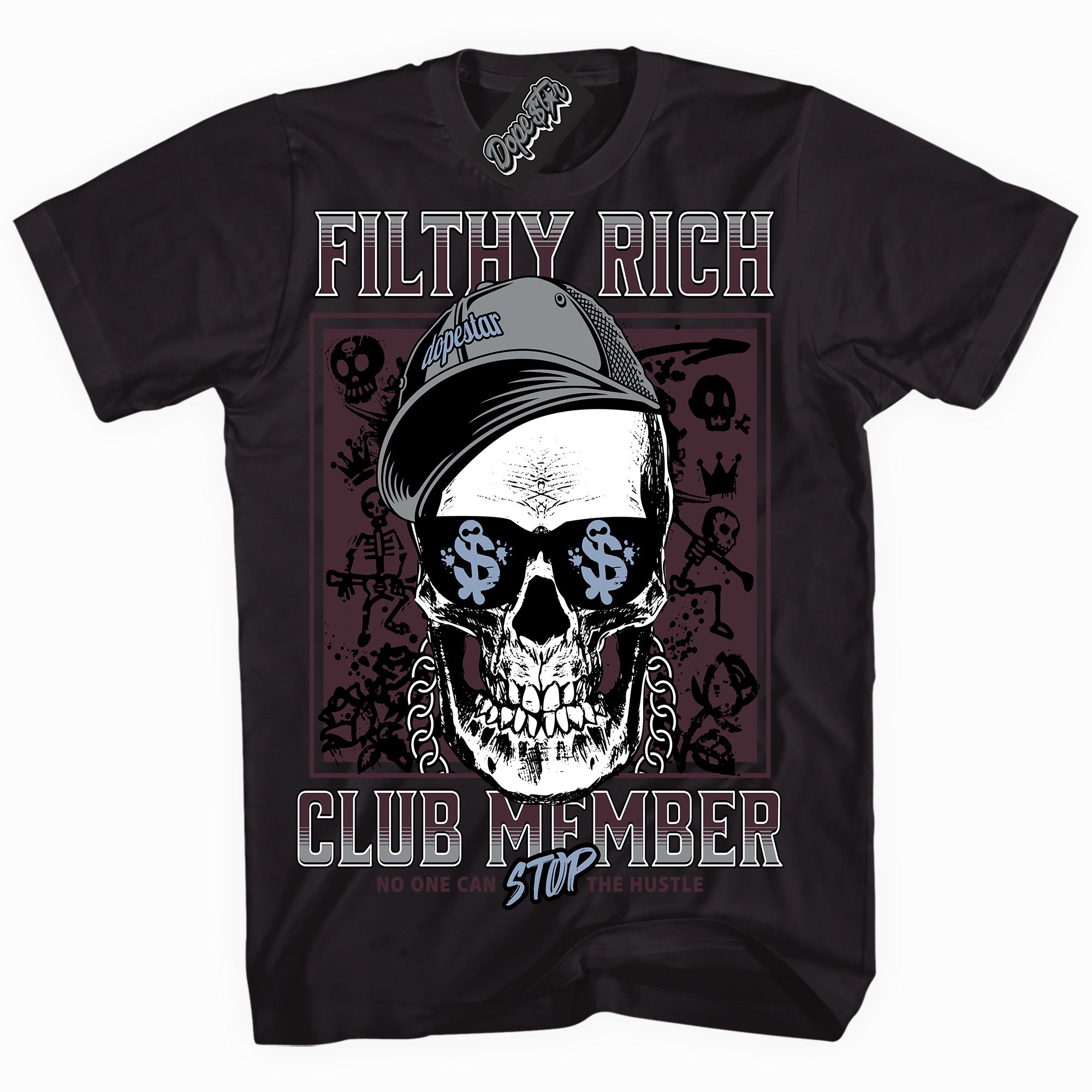 Cool Black graphic tee with “ Filthy Rich ” print, that perfectly matches Burgundy 5s sneakers 