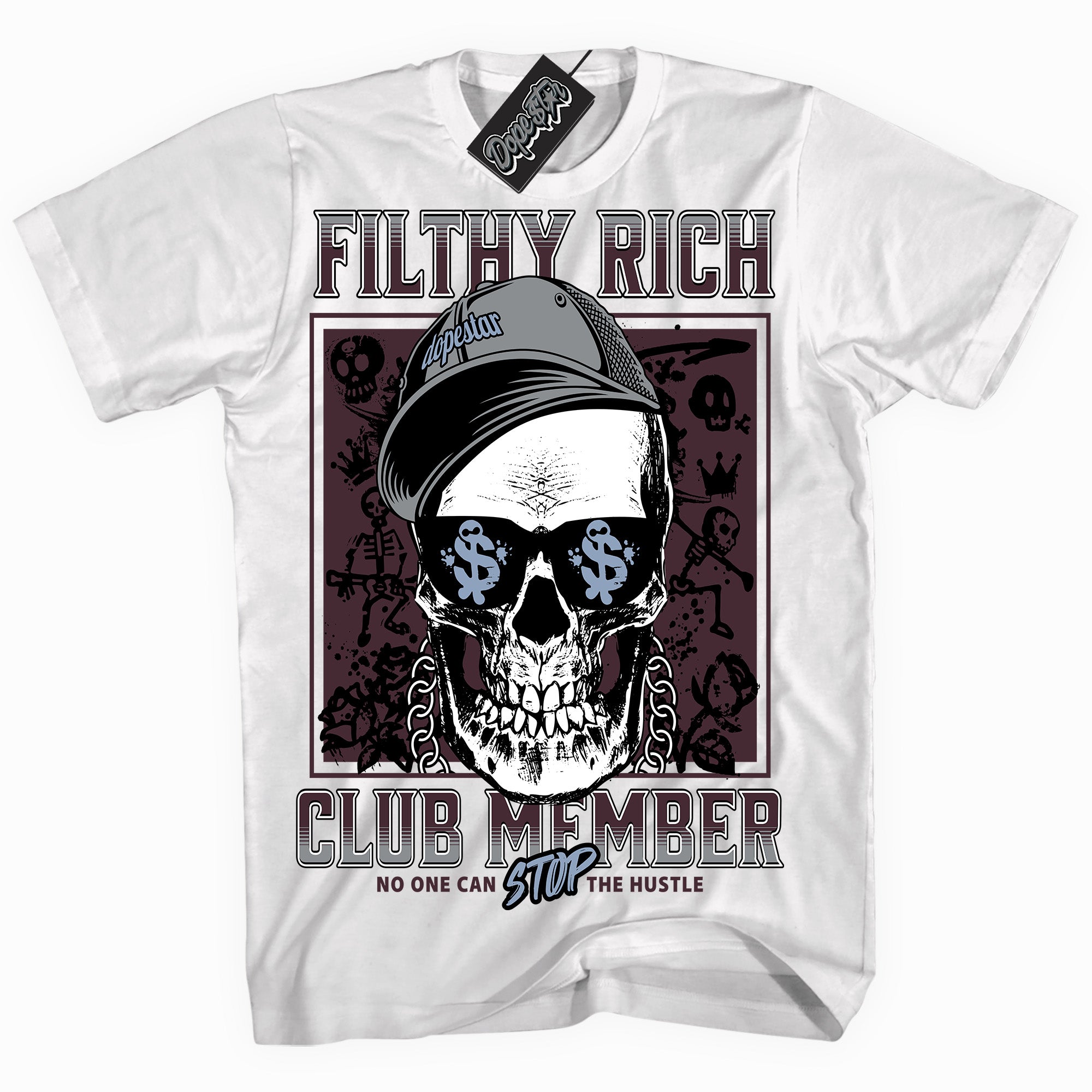 Cool White graphic tee with “ Filthy Rich ” print, that perfectly matches Burgundy 5s sneakers 