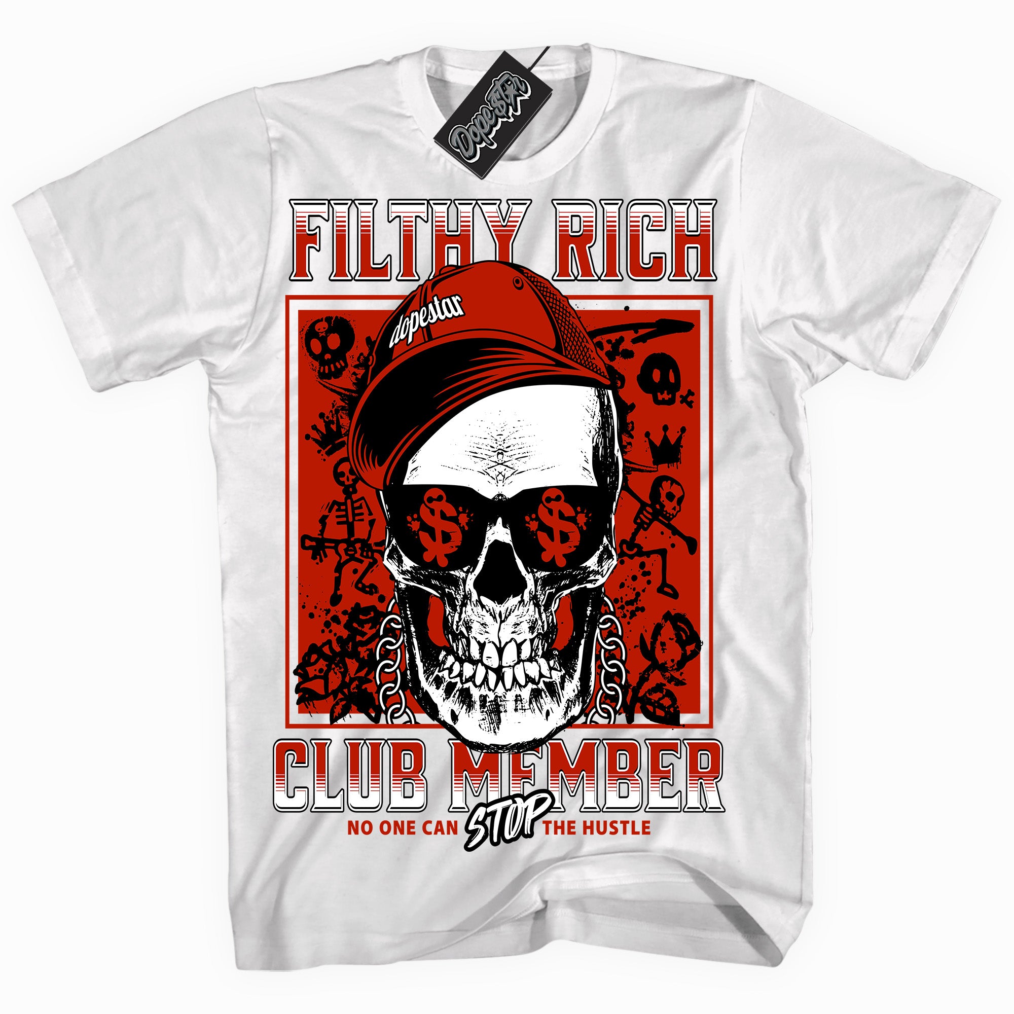 Cool White graphic tee with “ Filthy Rich ” print, that perfectly matches CHERRY 11s  sneakers 