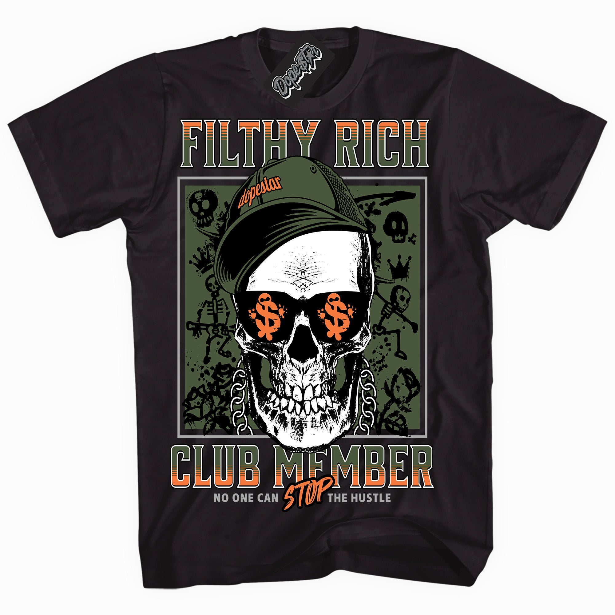 Cool Black graphic tee with “ Filthy Rich ” print, that perfectly matches Olive 5s sneakers 