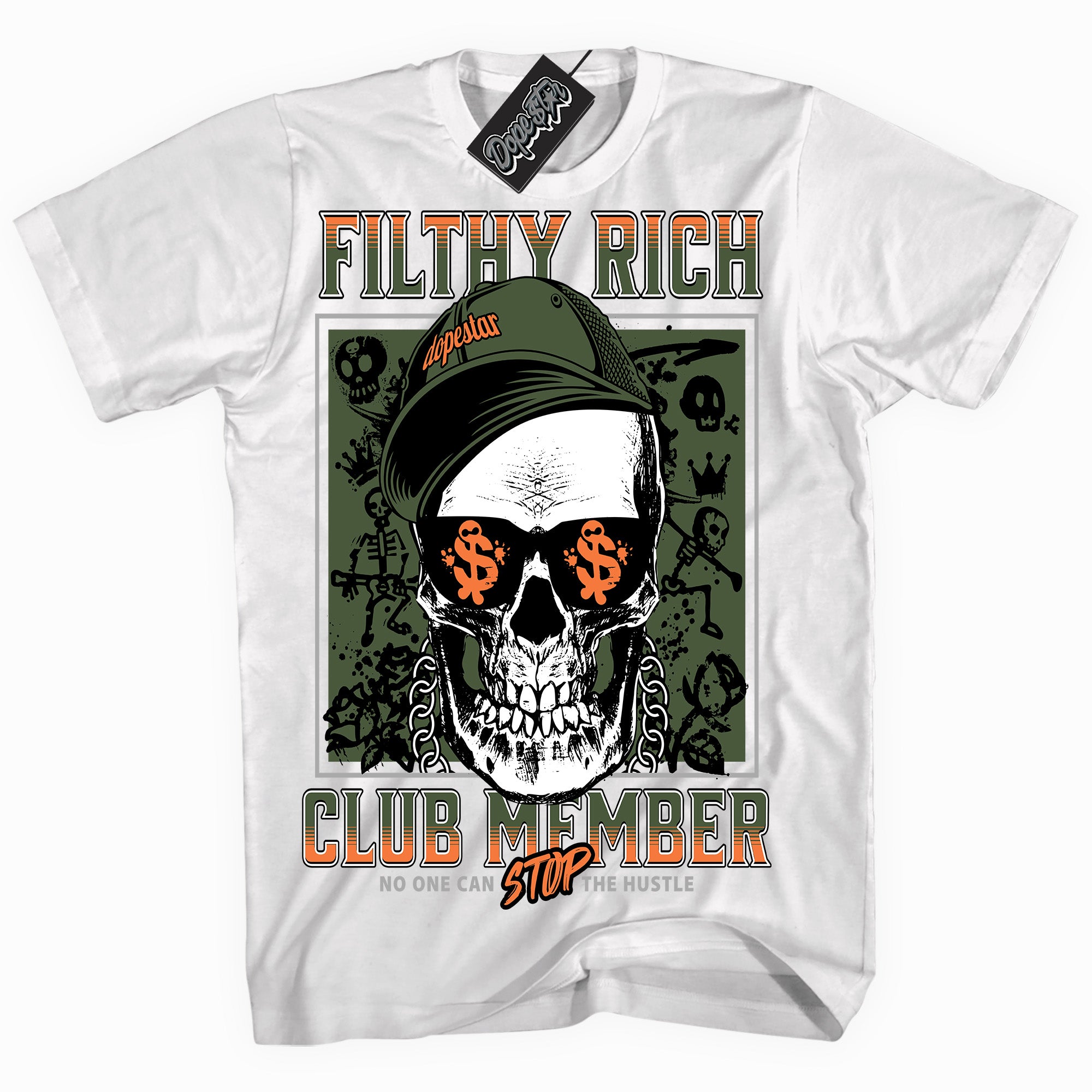 Cool White graphic tee with “ Filthy Rich ” print, that perfectly matches Olive 5s sneakers 