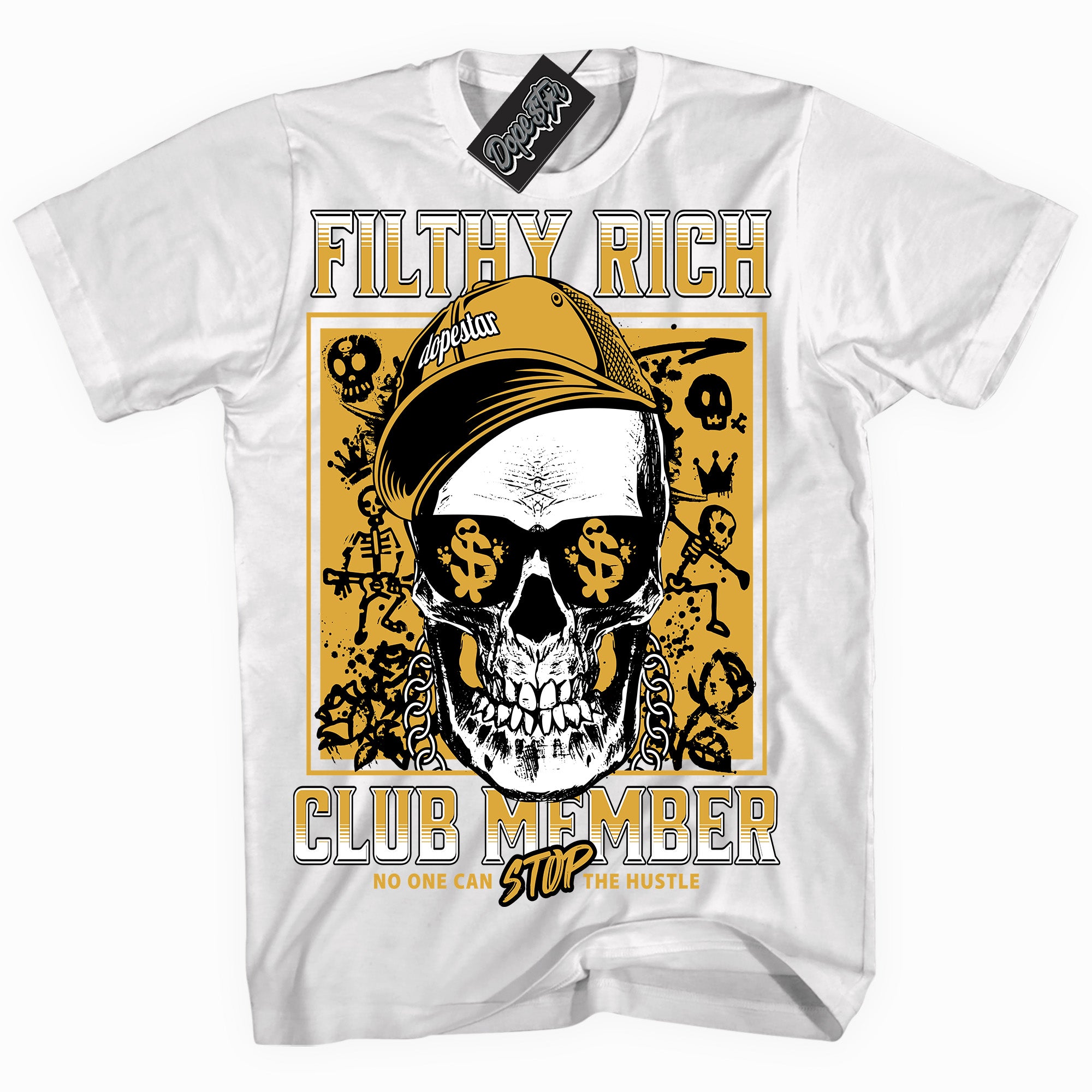 Cool White Shirt With Filthy Rich design That Perfectly Matches YELLOW OCHRE 6s Sneakers.