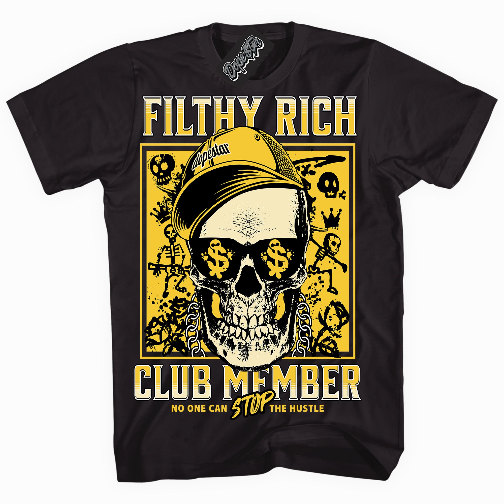Cool Black Shirt With Filthy Rich design That Perfectly Matches YELLOW THUNDER 4s Sneakers.