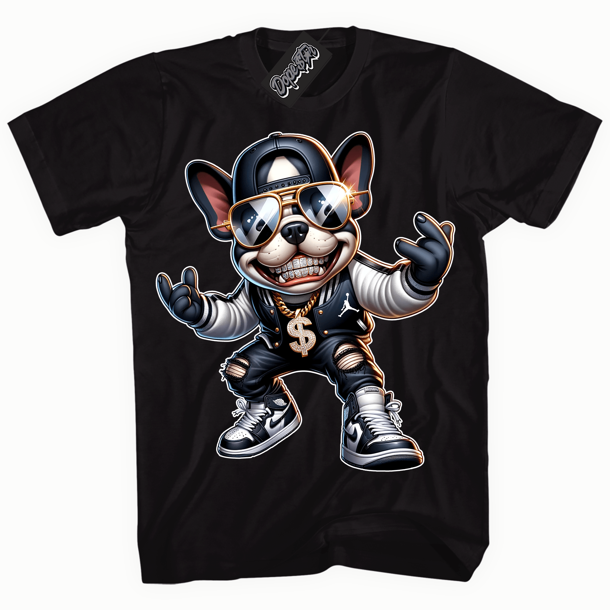 Cool Black Shirt With Frenchie OG design That Perfectly Matches Air Jordan 1 Retro High OG Black And White Sneakers.