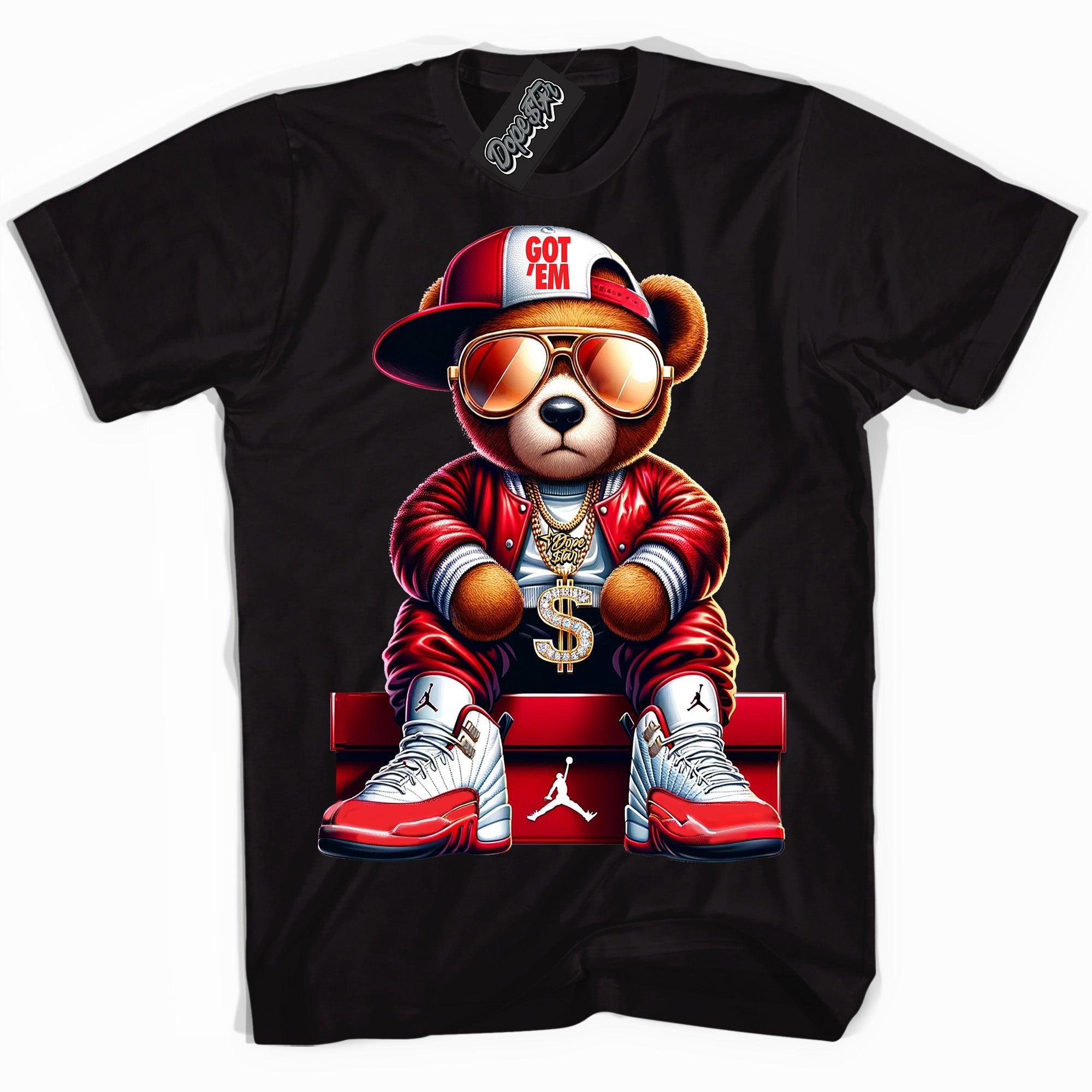 Cool Black graphic tee with “ Get Em Bear ” print, that perfectly matches Air Jordan 12 Cherry sneakers 
