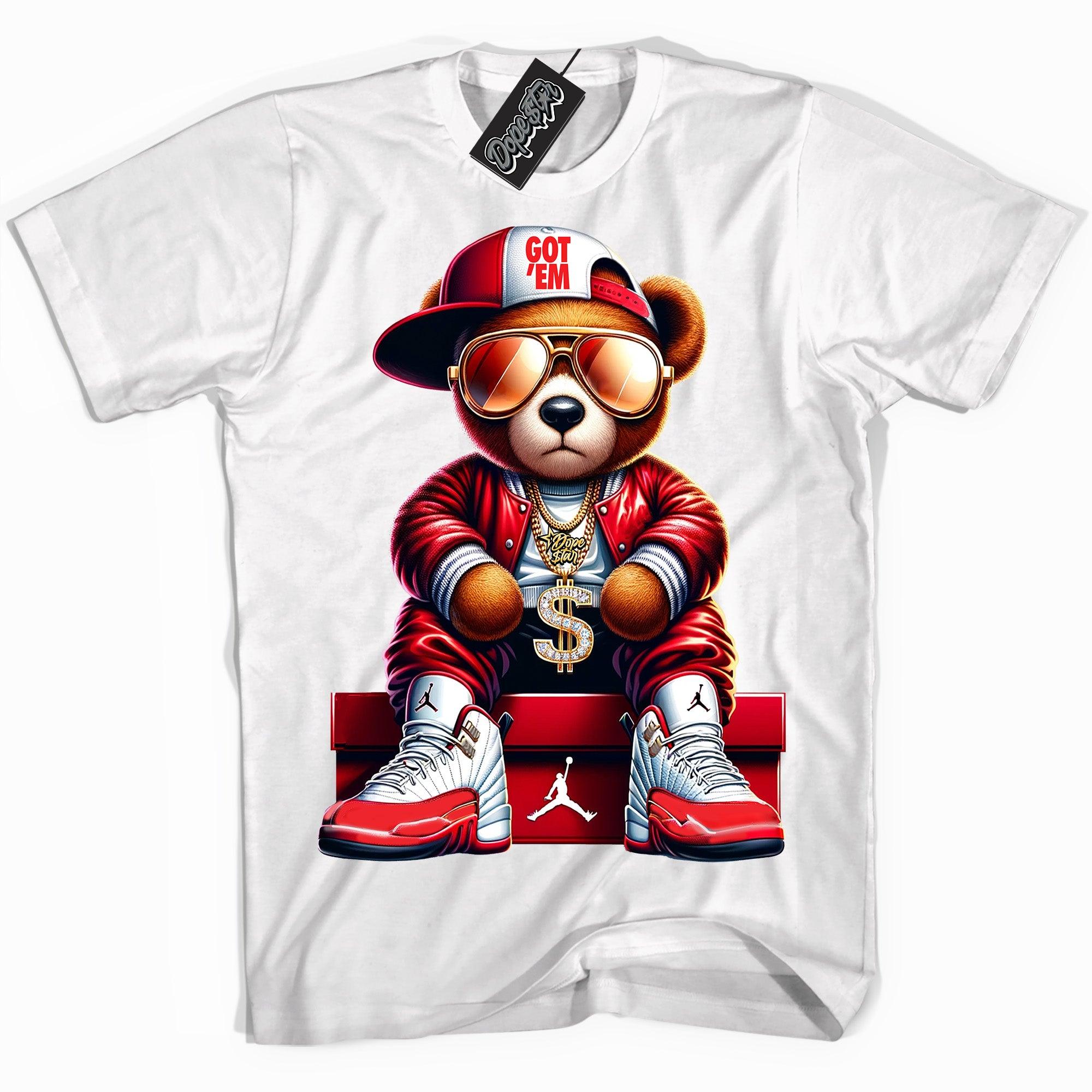 Cool White graphic tee with “ Get Em Bear ” print, that perfectly matches Air Jordan 12 Cherry sneakers 