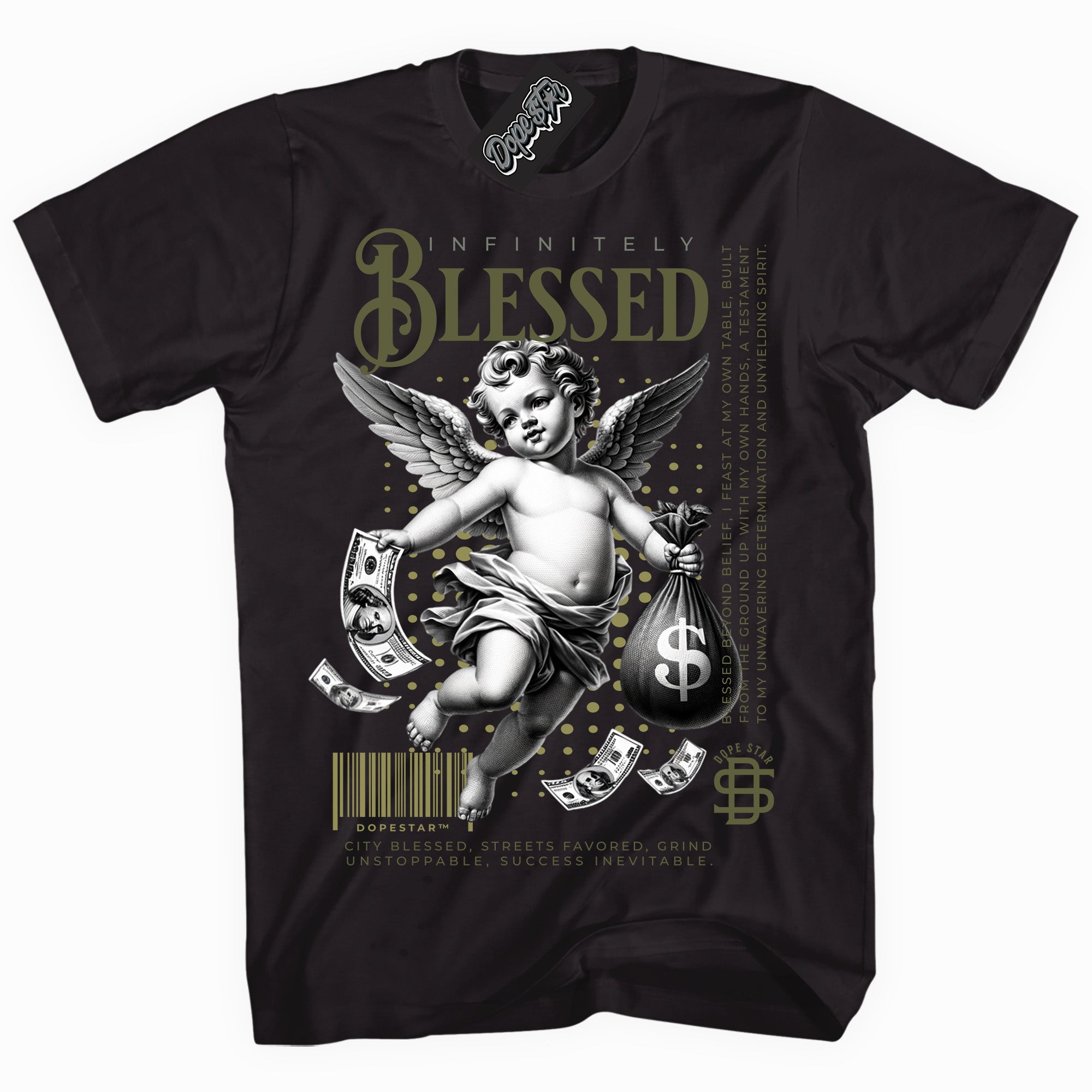 Cool Black graphic tee with “ Infinitely Blessed ” print, that perfectly matches Craft Olive 4s sneakers 