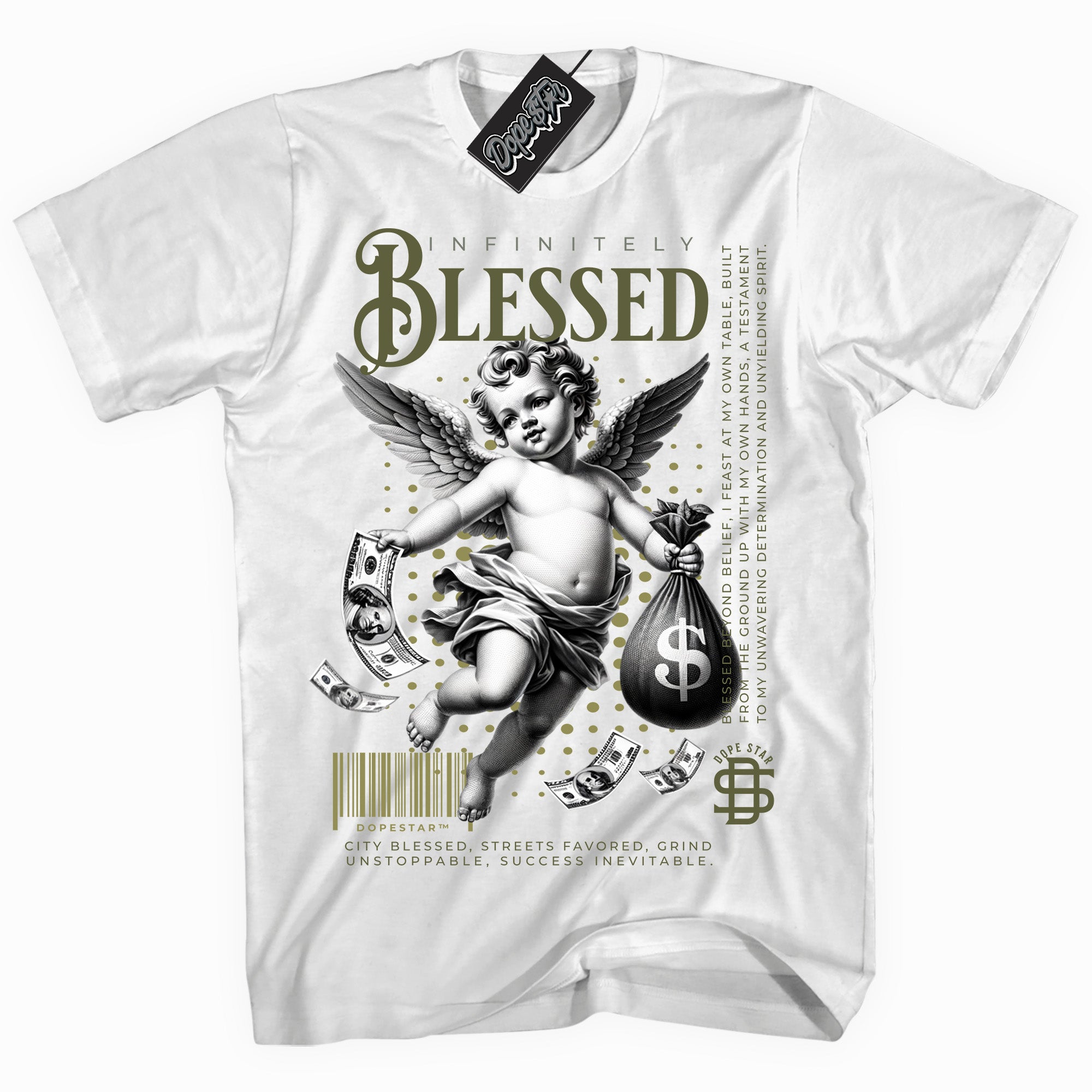 Cool White graphic tee with “ Infinitely Blessed ” print, that perfectly matches Craft Olive 4s sneakers 