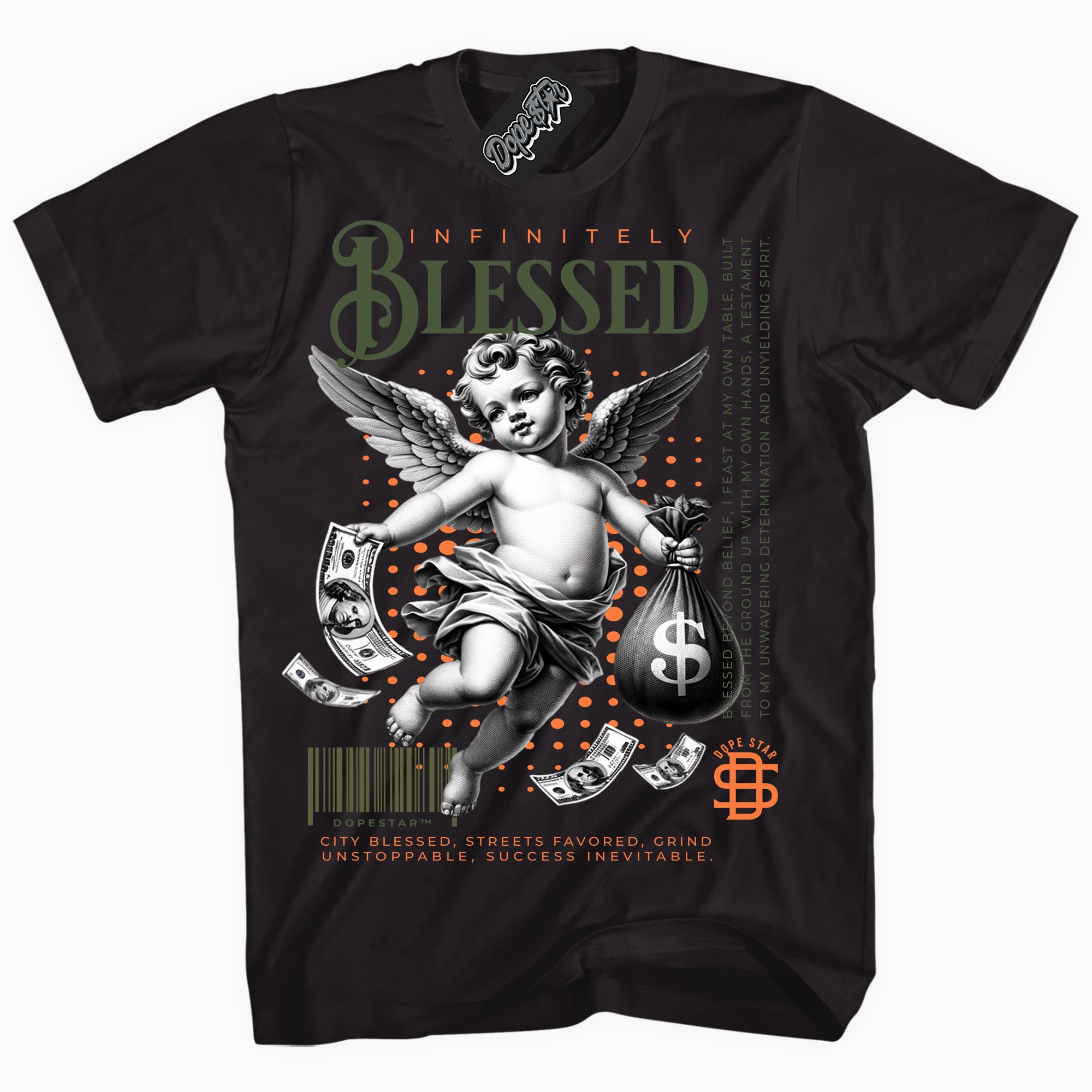 Cool Black graphic tee with “ Infinitely Blessed ” print, that perfectly matches Olive 5s sneakers
