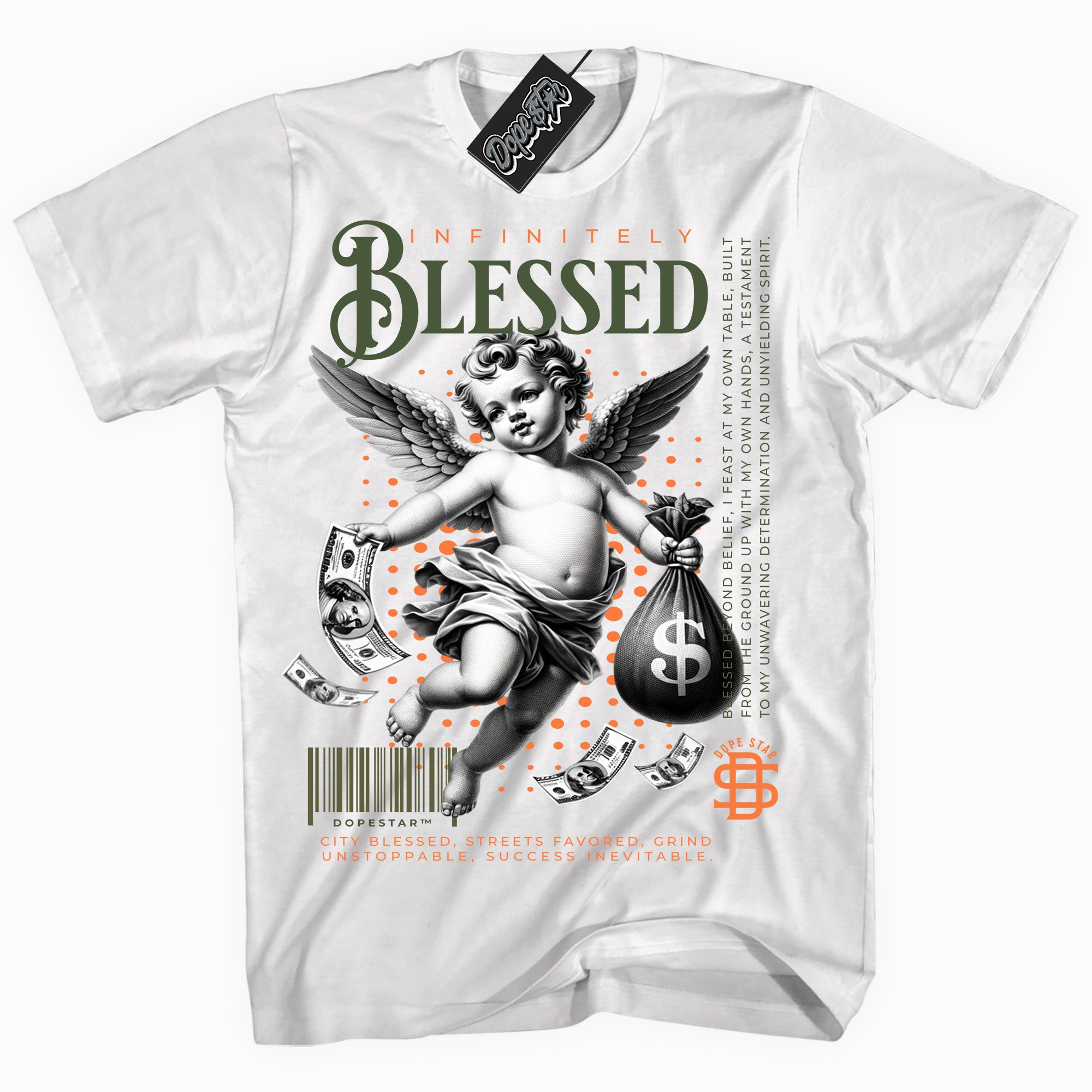 Cool White graphic tee with “ Infinitely Blessed ” print, that perfectly matches Olive 5s sneakers 