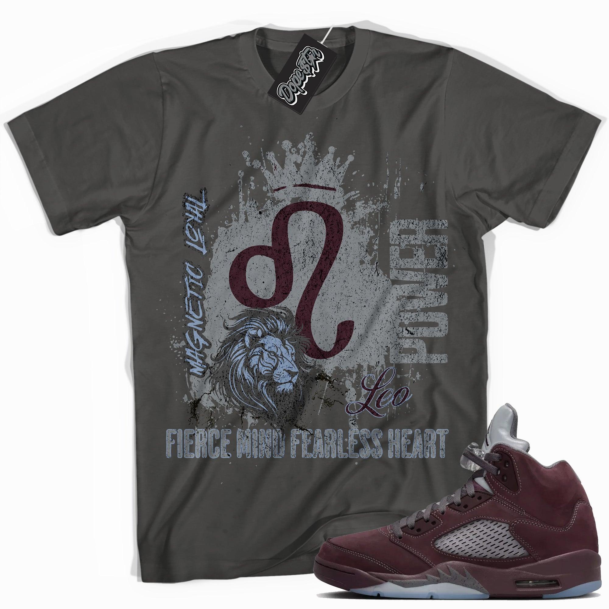 Cool Asphalt graphic tee with “ LEO ” print, that perfectly matches Air Jordan 5 Burgundy 2023 sneakers 