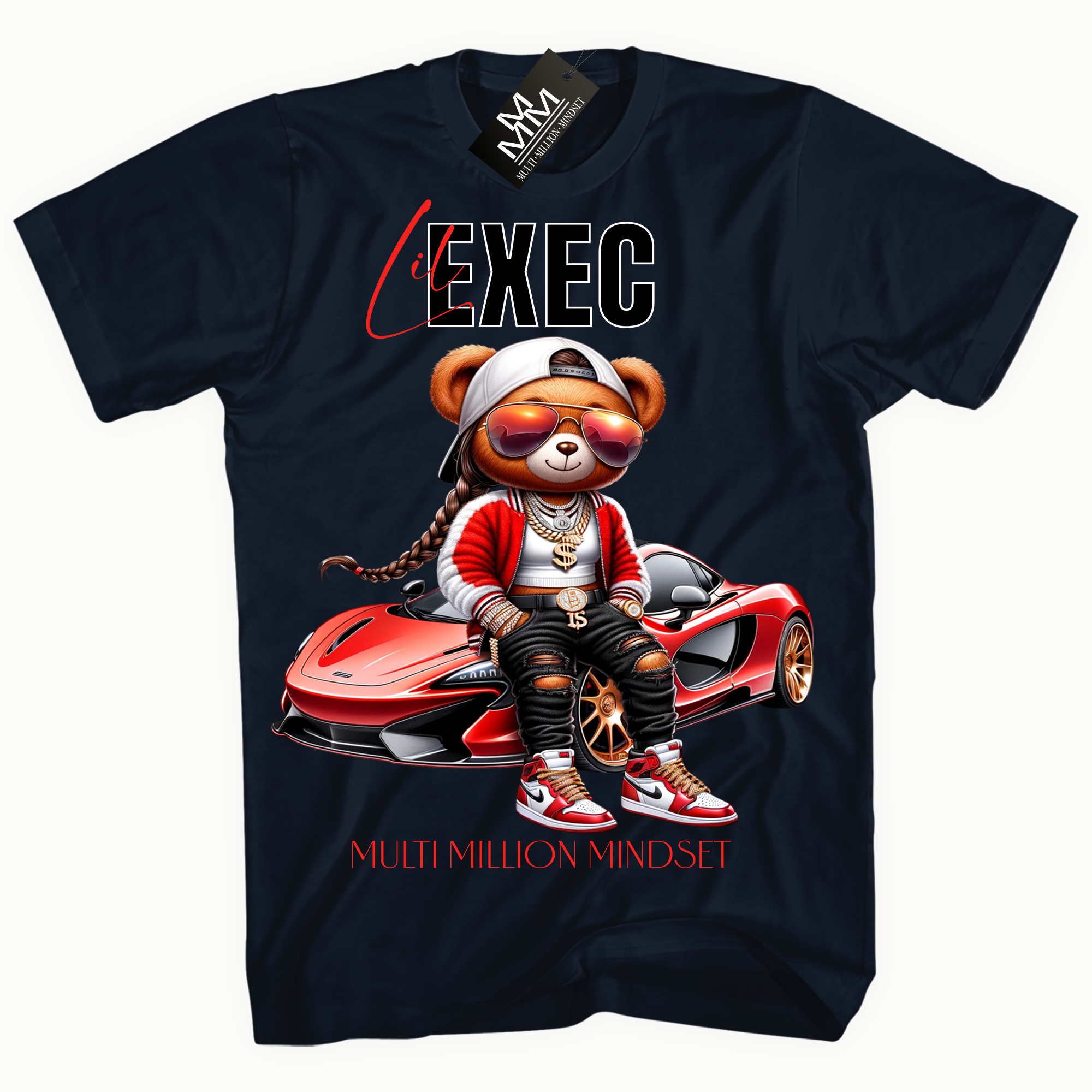 Mind Blowin lil EXEC® Boss Lady Red Bear Graphic Navy Tee By Multi Million Mindset®